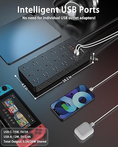 Miniatura 4 de Maxpw Regleta protectora contra sobretensiones con 25 salidas y 6 puertos USB (2 USB C), 3400 J, cable de extensión de enchufe plano de 6.5 pies