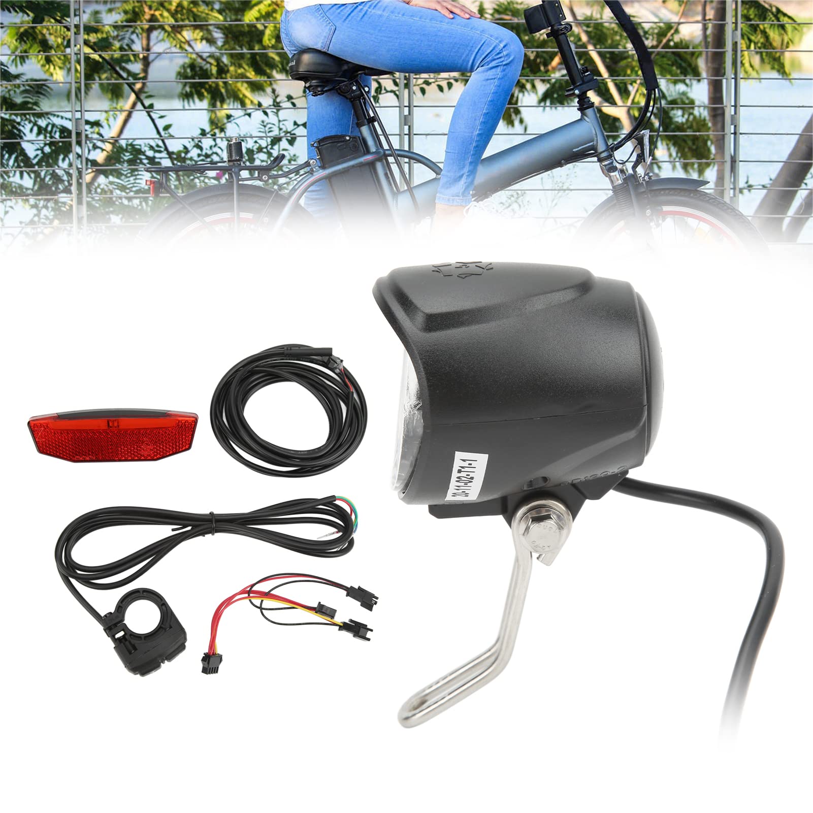 Set Fanali Posteriori per Bici Elettrica, Doppio Interruttore ABS 4 Perline LED Kit Luci di Segnalazione Anteriori Posteriori con Clacson, per Bicicletta Elettrica da Esterno da