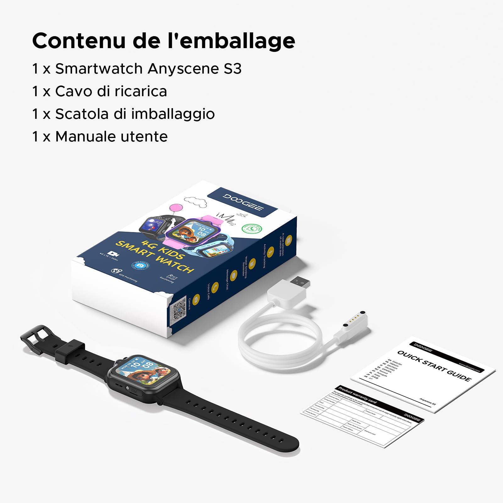 Anyscene S3 Montre Connectée Enfant GPS, Écran HD De 1,72 Pouces, Appels Vidéo 4G LTE, Étanchéité IP68, Mémoire de 16 Go, Batterie 900 mAh, Podomètre Réveil Jeux Cadeau Anniversaire, Noire