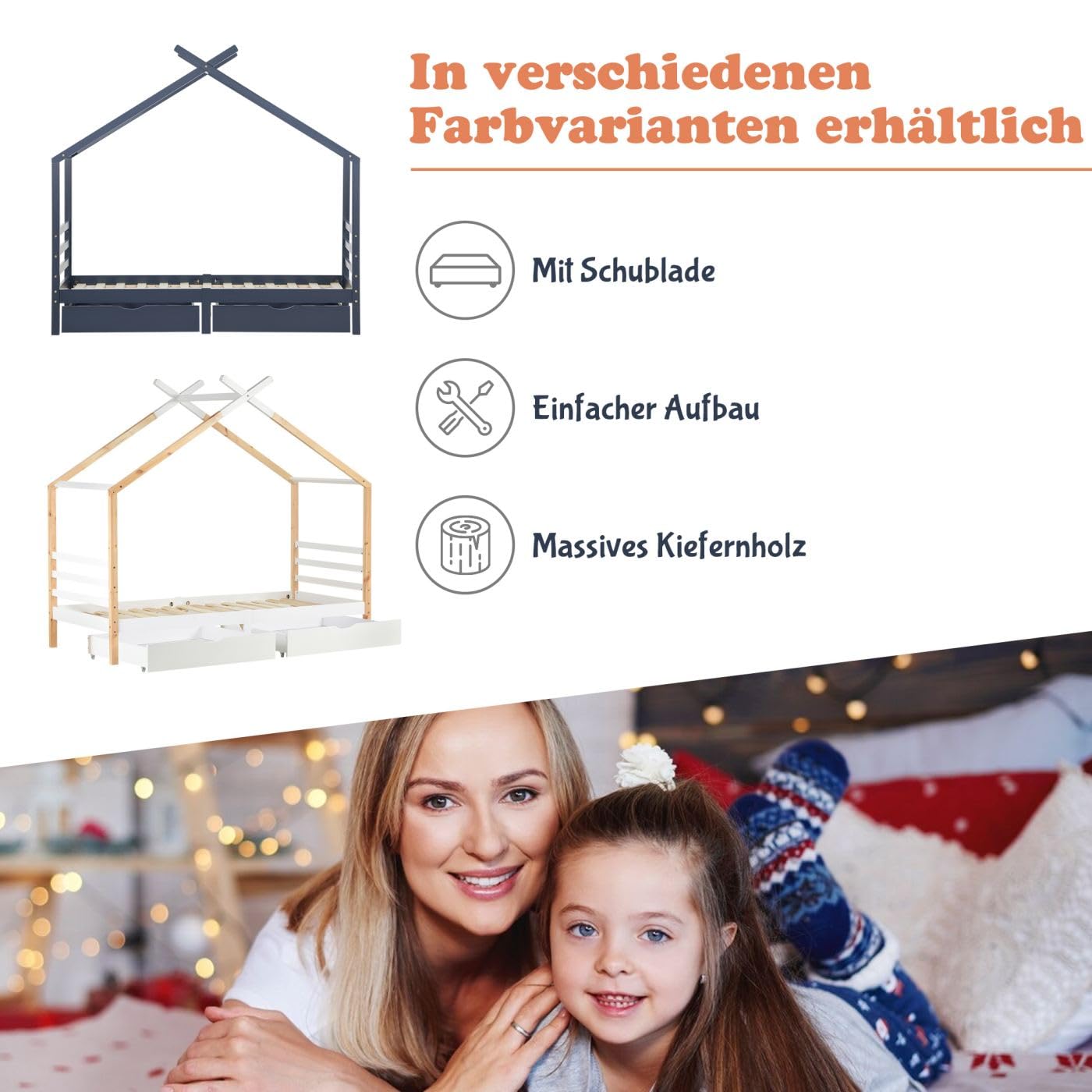 Sweiko Lit Enfant 90x200 Cm Avec 2 Tiroirs - Pin Massif - Sans Matelas