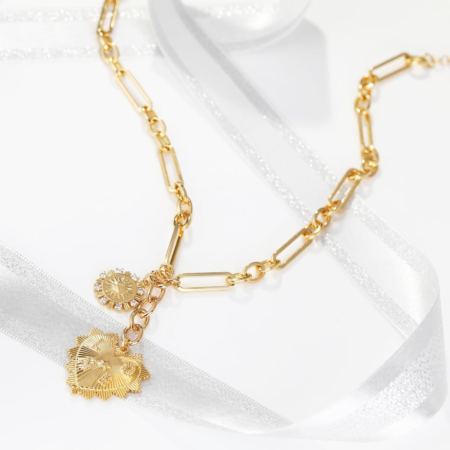 MISS RIGHT Gold Love Heart Sun Charm Chunky Paperclip Chain for Women Trendy 18K Gold Plated Coin Sunflower Pendant Choker Necklace Hip Hop Jewelry Gifts for Her - Image 5