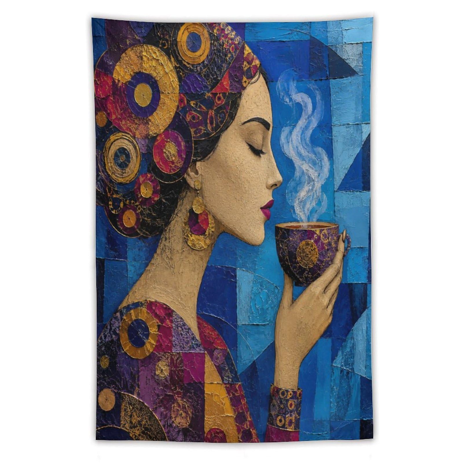 H3B8U2Y5 Woman with Purple Headscarf Wall Tapestry, Mosaic, Blue Teacup