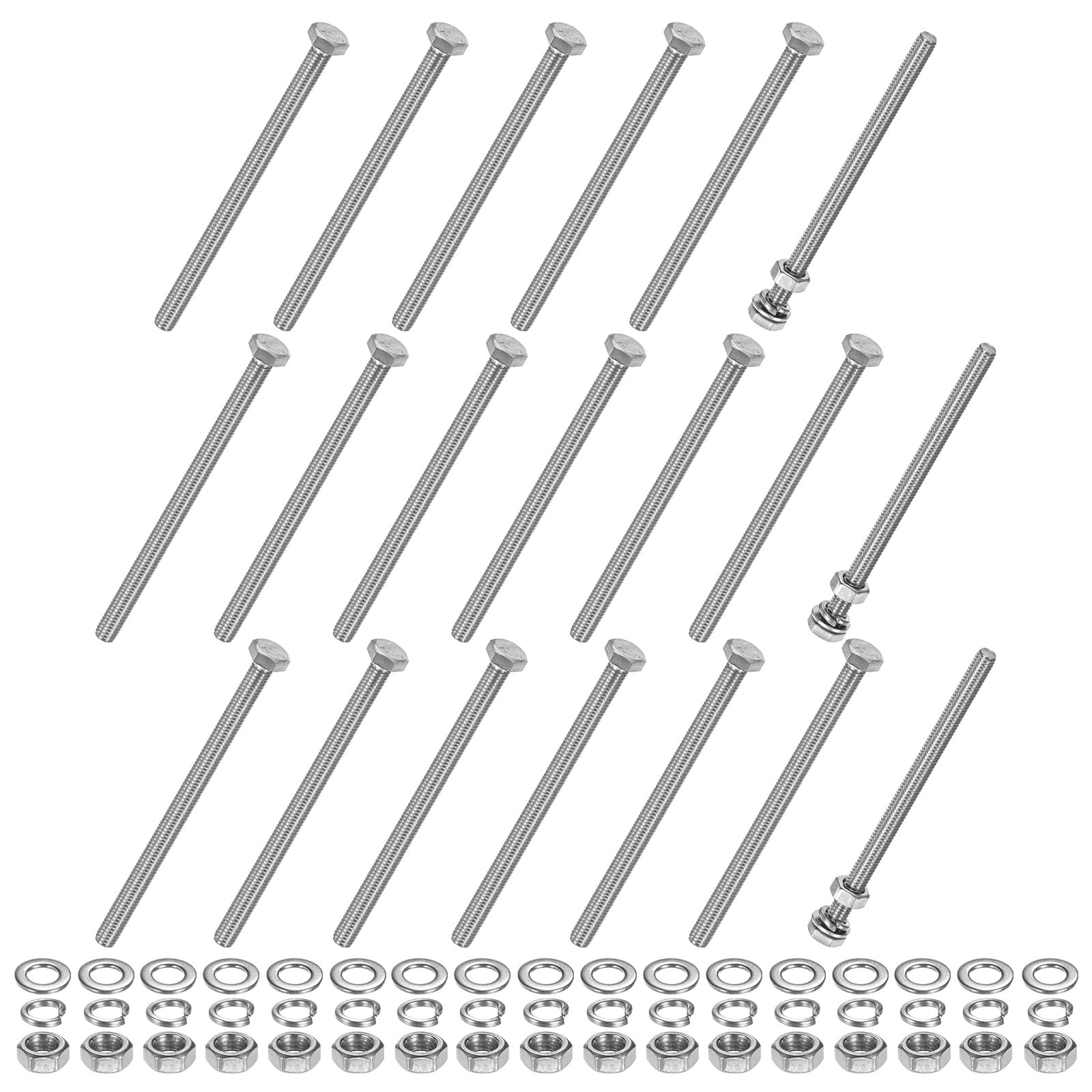 M METERXITY 20-Pack Hex Head Screw Bolt with Nuts Flat & Lock Washers M6x95mm Stainless Steel Bolts and Nuts Kit Fully Threaded Metric Bolt Assortment for Equipment/Machinery