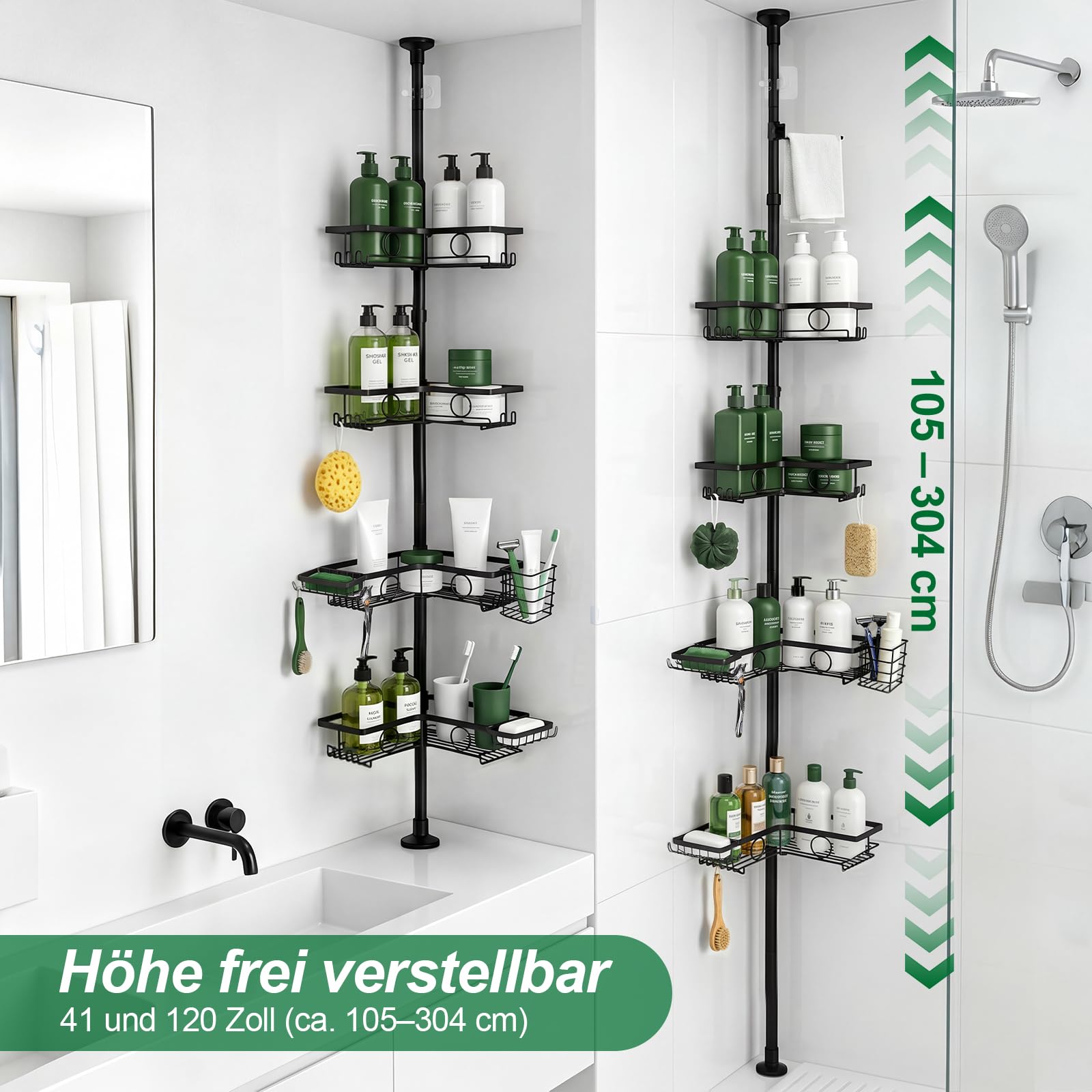 Duschregal ohne Bohren, 105-304cm, Edelstahl rostfrei, für Badezimmer