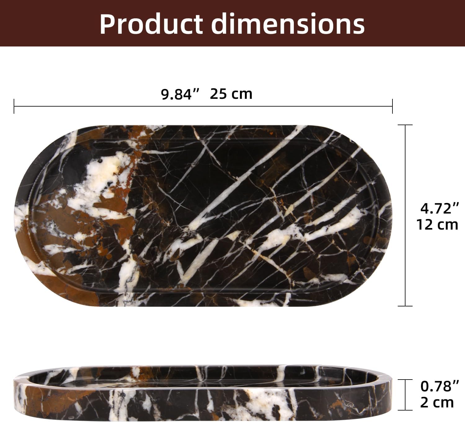 Natural Marble Tray Oval, Bathroom Vanity Tray for Countertop, Elegant Stone Decorative Organizer for Perfume, Jewelry, Home Decor (1, Black Gold, 10 x 5 x 0.6)