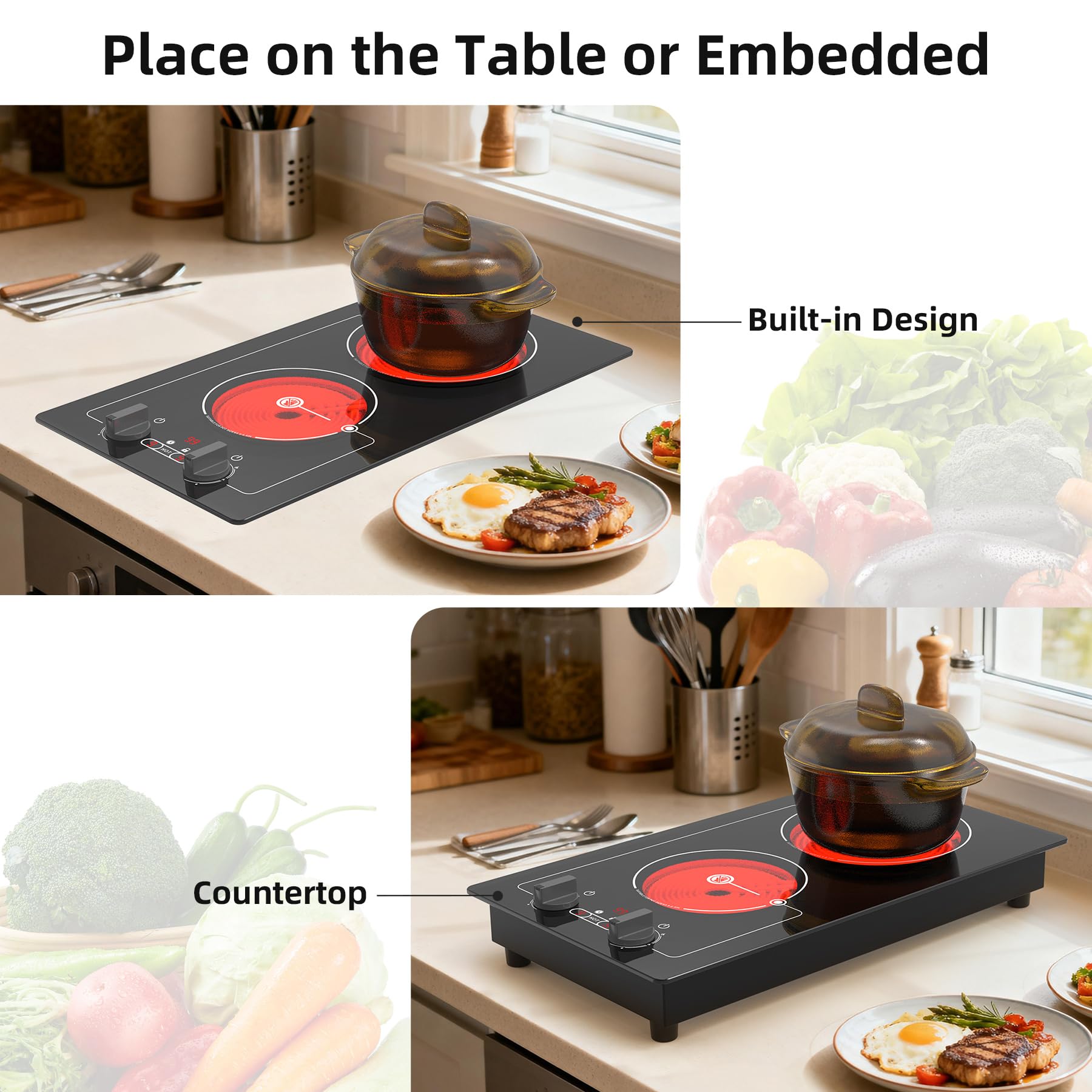 VBGK electric hob,Built-in Design and Countertop Stove Top with Knob Control&Touch Control,10 Power Level, Timer & Kid Safety Lock,220V 3000W 2 burner electric hob — view 8