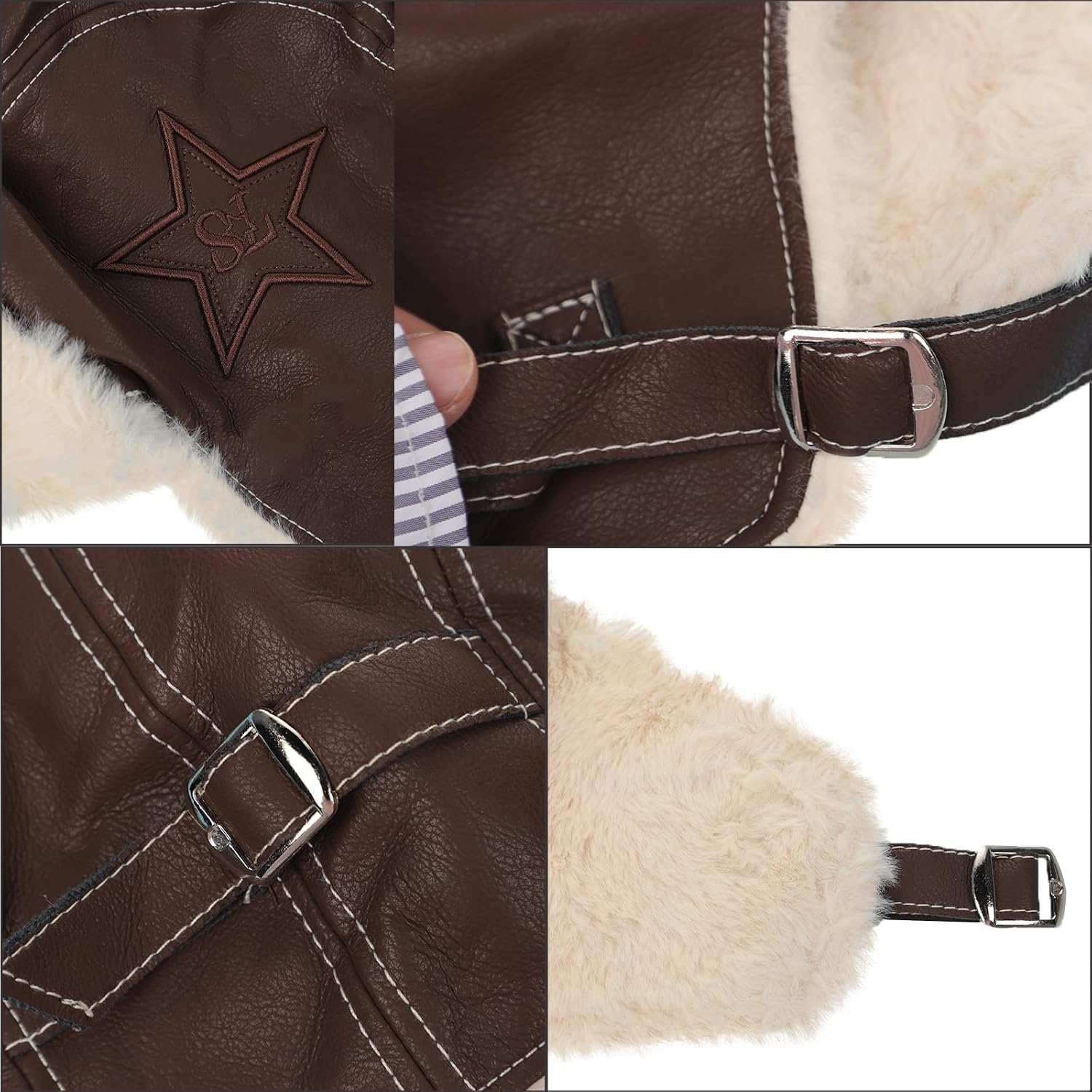 Kids PU Leather Trapper Hat with Ear Flaps Soft Cozy Fleece Lined Five-Pointed Star Patterns Winter Warm Hat for 2-6 Years
