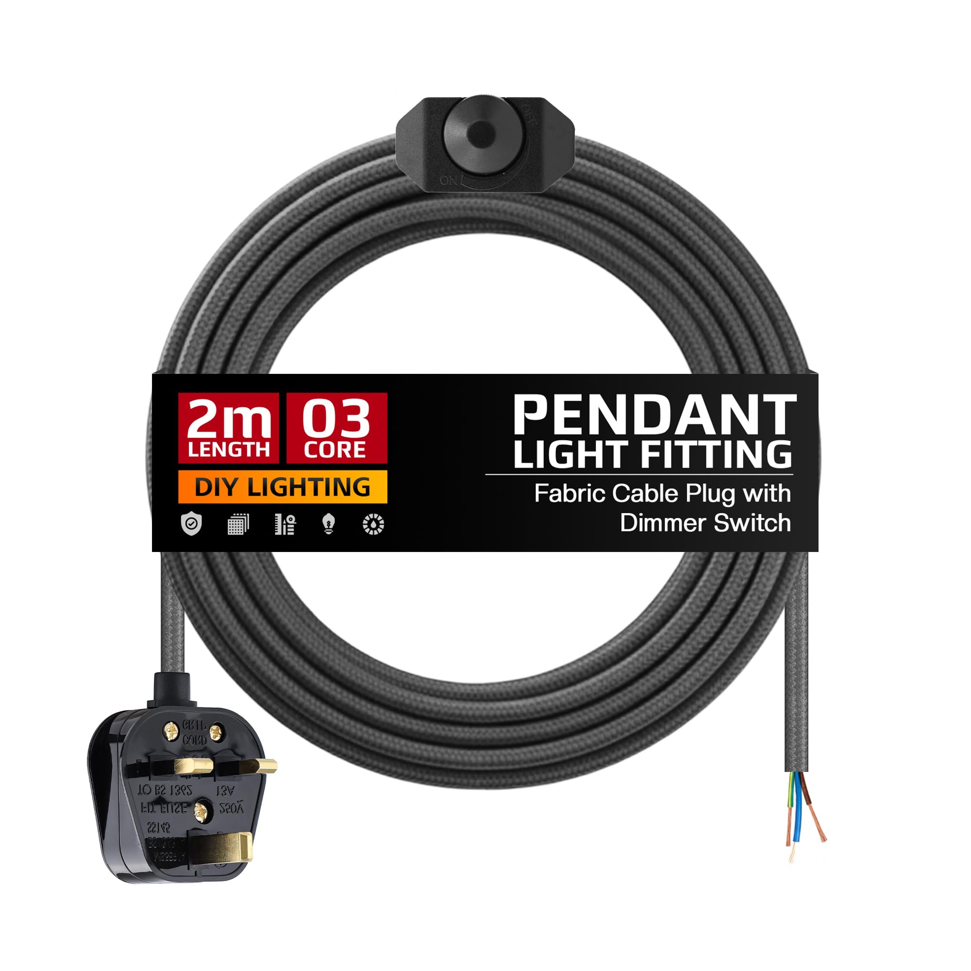 2M Round 3 Core Fabric Cable 3 Pin Plug Power Cord Fitting Pendant Lamp Light Fixture with Dimmer Switch for Desk Lamp Side Lamp, ceiling lamp (Grey)