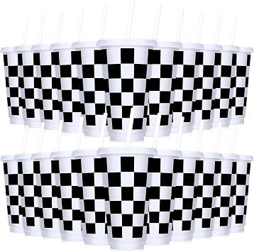 Domensi 24 Pcs Race Car Cups 24 oz Checkered Flag Party Supplies Thick Plastic Tumblers with Lids and Straw Iced Coffee Reusable Water Bottle for Adult Birthday Sport Racing Theme Party