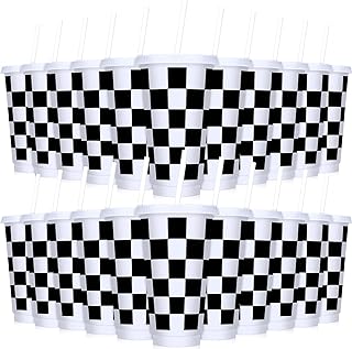 Domensi 24 Pcs Race Car Cups 24 oz Checkered Flag Party Supplies Thick Plastic Tumblers with Lids and Straw Iced Coffee Reusable Water Bottle for Adult Birthday Sport Racing Theme Party