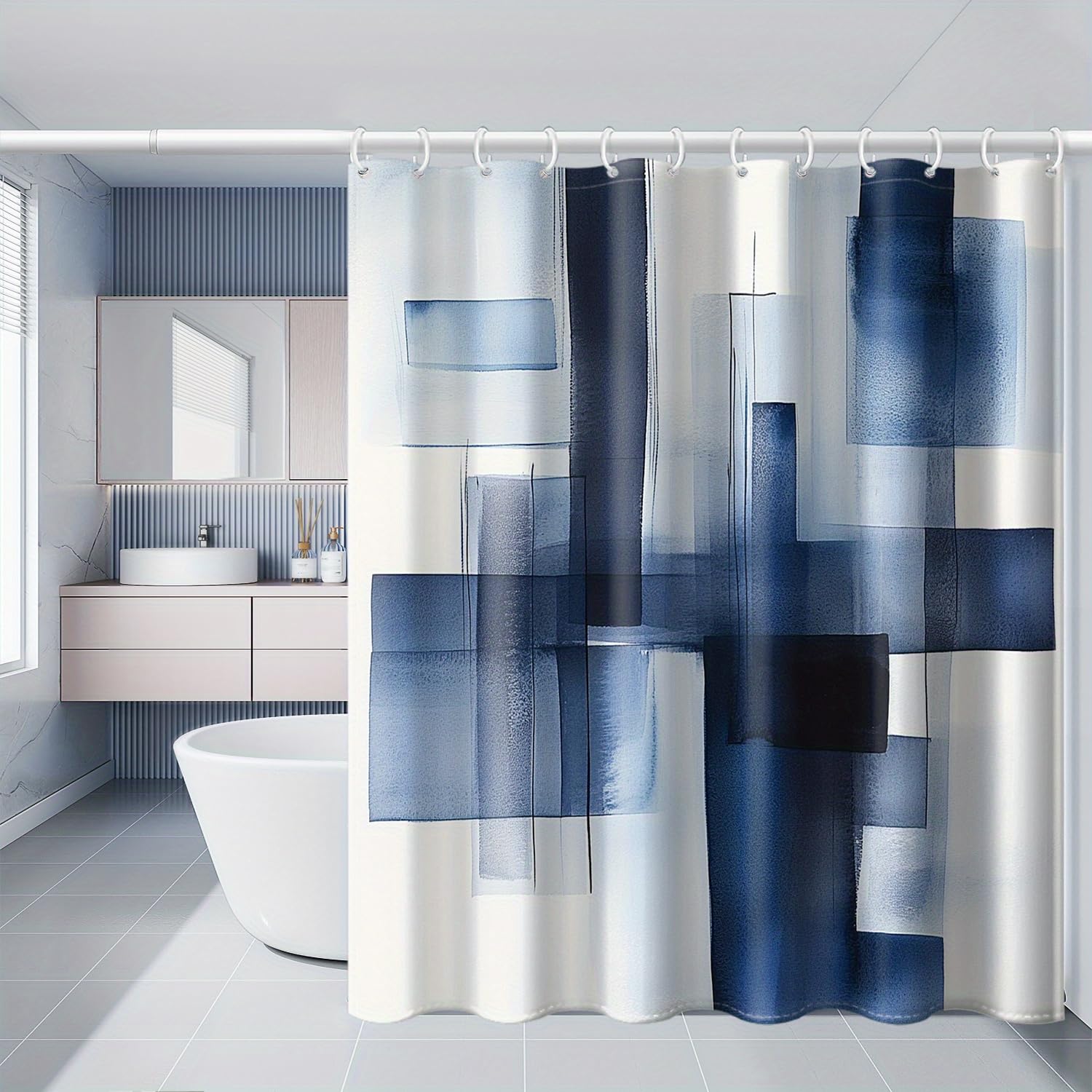 Rideau de douche imperméable bleu 140 x 170 cm avec crochets de salle de bain