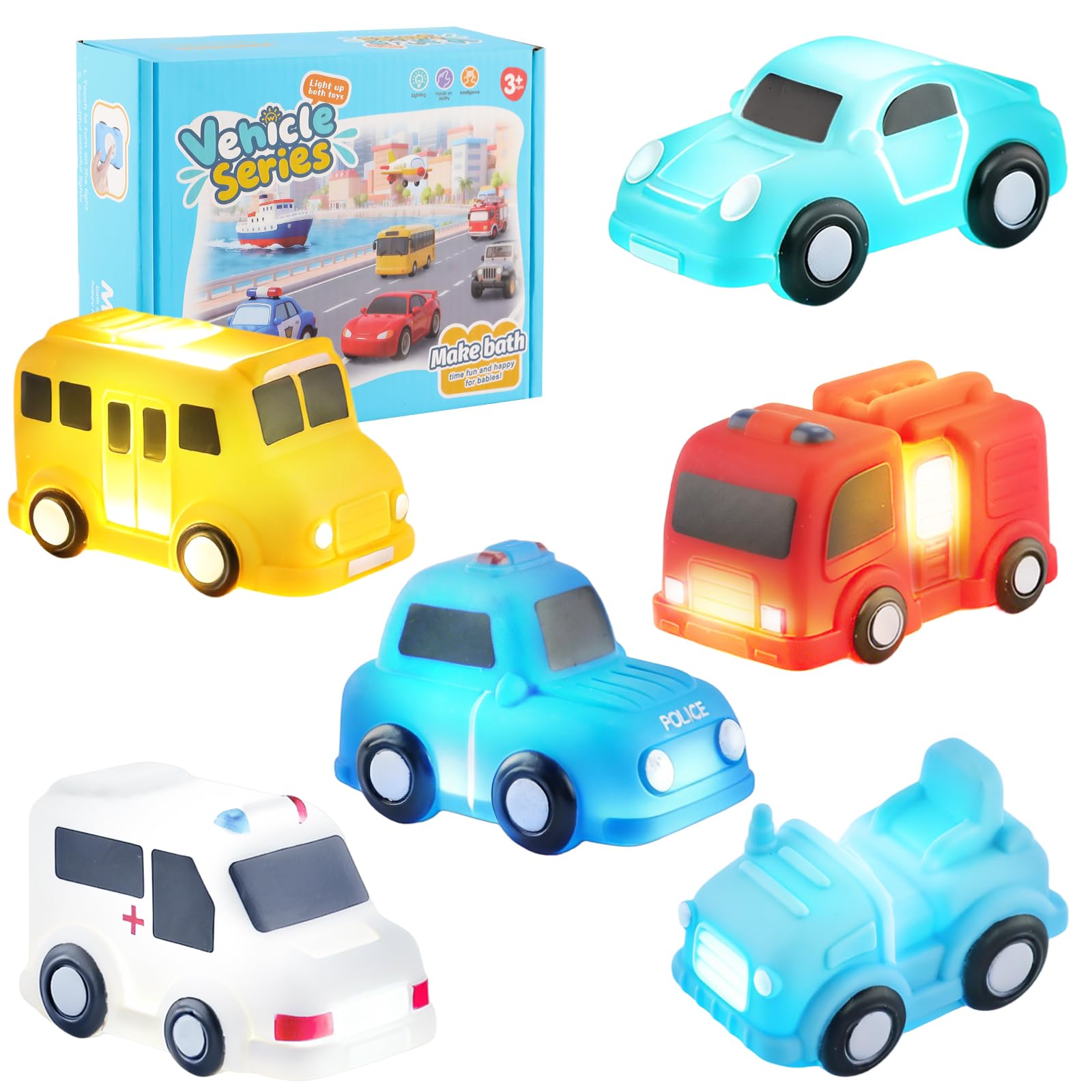 6 Pack Light Up Bath Toys Floating Car Toys No Hole No Mould Sensory Bath Toys for Babies Toddler Bath Toys Water Activated LED Bath Lights for Boys and Girls