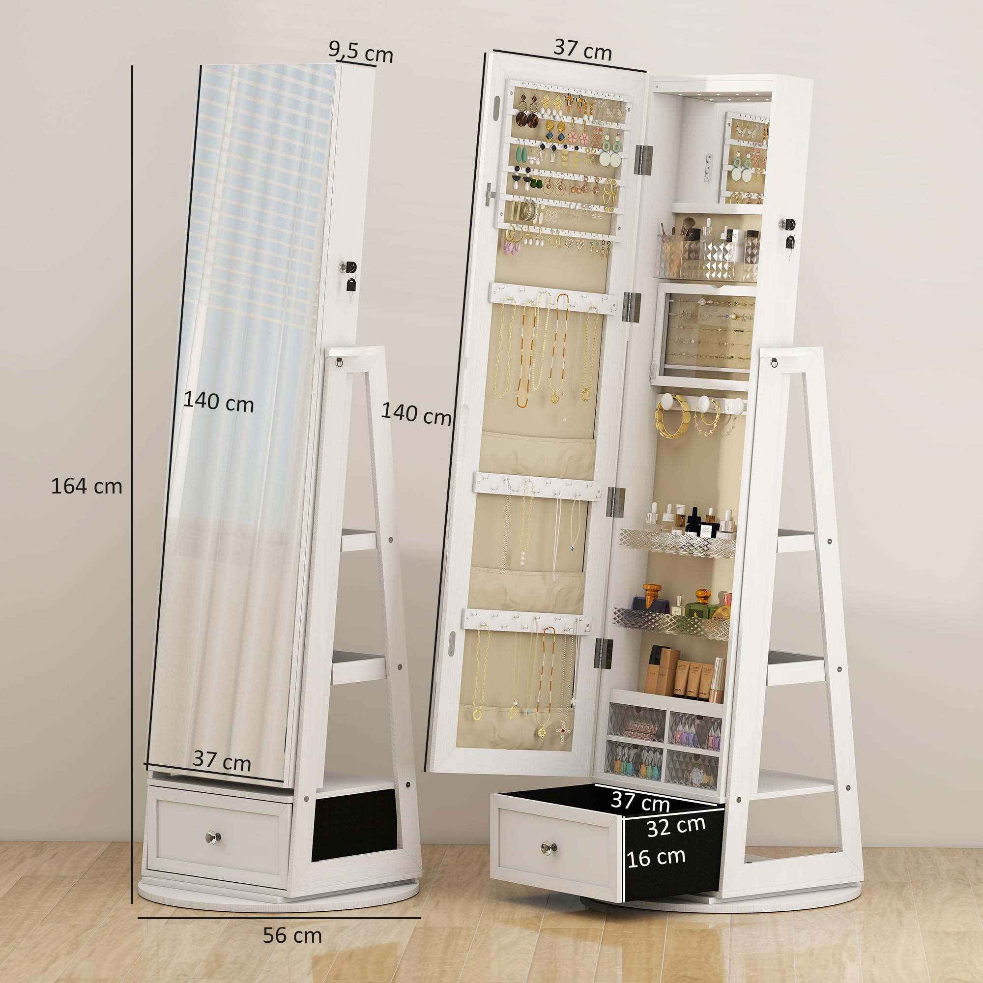 HOMCOM Armario Joyero de Pie con Luces LED, Espejo Cuero Entero, Soporte para Secador, Giratorio 360°, Cajón, Cerradura, Blanco y Beige