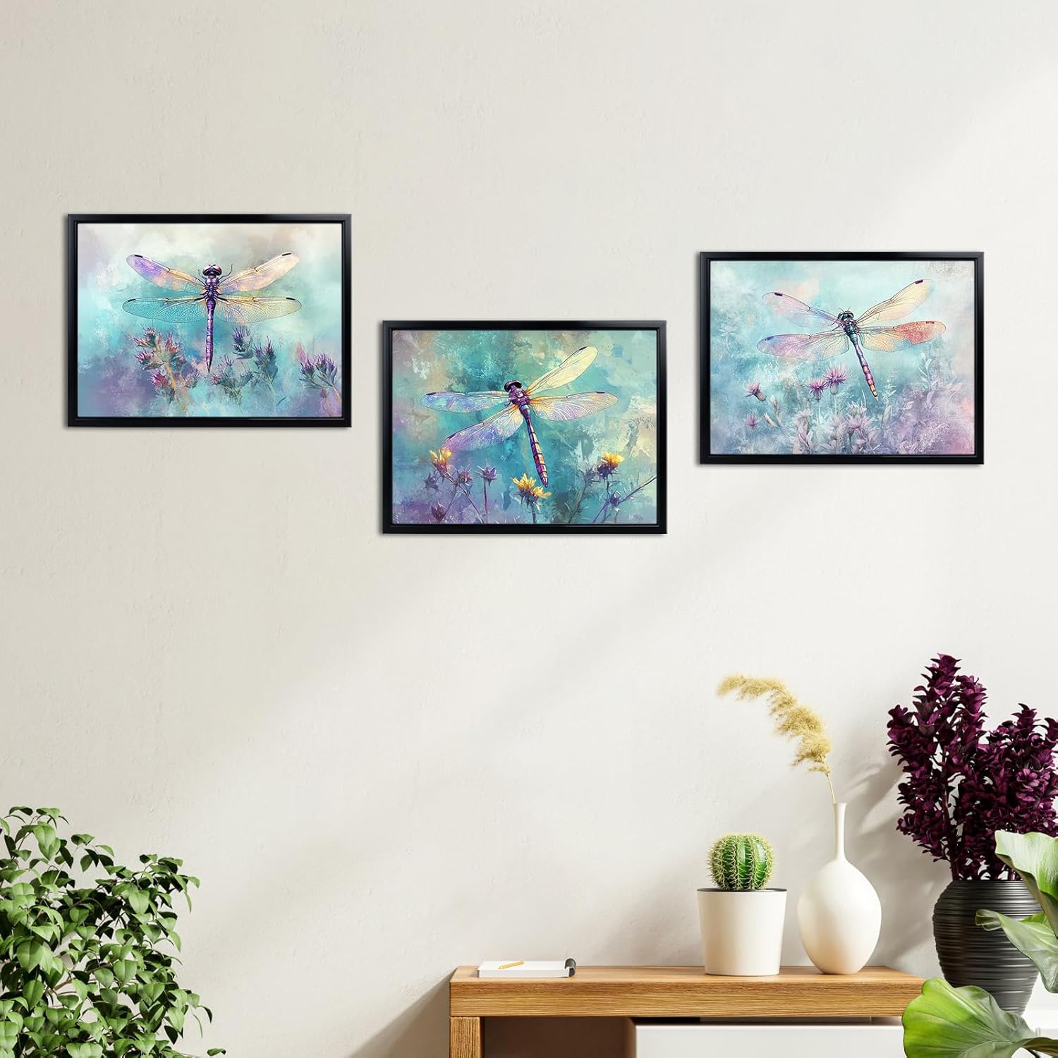 seteuret Dragonfly Wall Art, Flower Pictures Wall Decor - Blue and Purple Nature Home Decor for Bedroom Bathroom Living Room,12"x16", 3Pcs