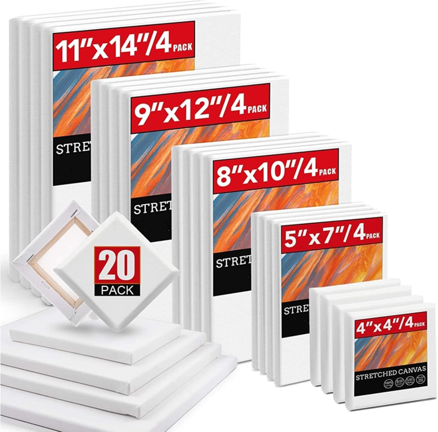 Canvas Boards for Painting 20 Pack, 4x4", 5x7", 8x10",9x12", 11x13.7