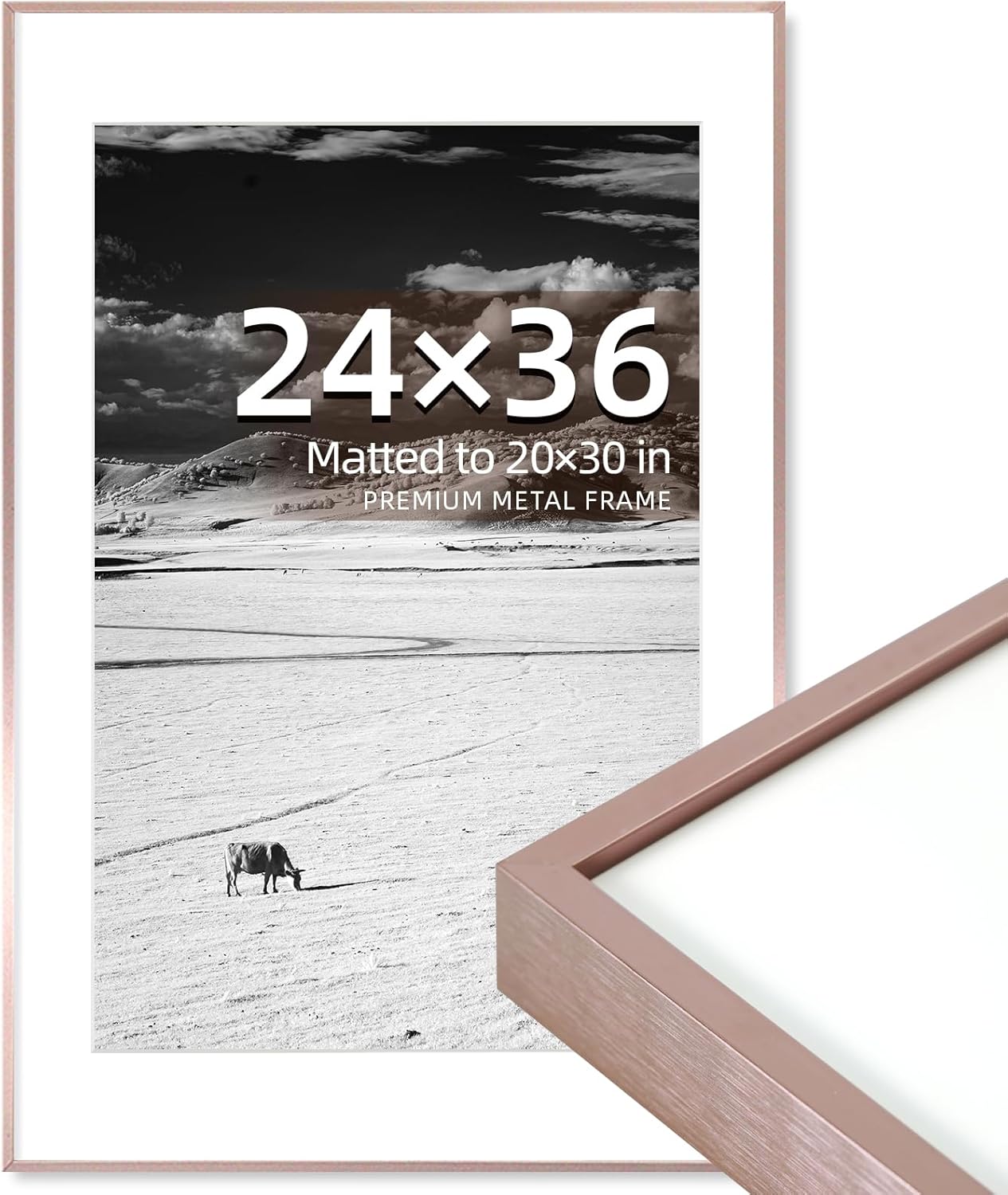 OUZUGIE 24X36 Picture Frame,Display Poster 20X30 With Mat or 24X36 Without Mat,Rose Gold Aluminum Poster Frames with Premium Acrylic,Photo Frames with Strong Corner for Gallery Wall and Tabletop