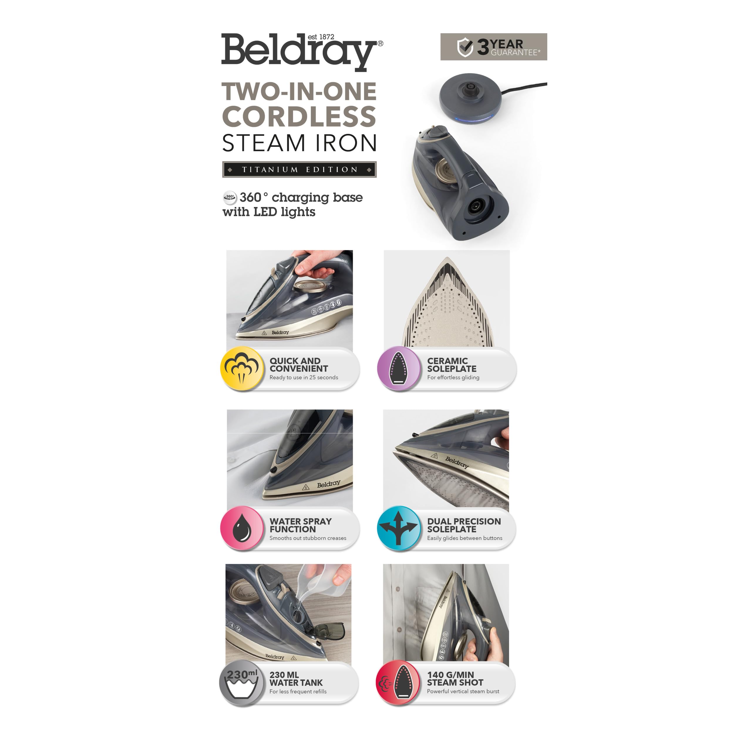 Beldray BEL01609 Titanium 2 In 1 Cordless Steam Iron - Use With Or Without Cord, 360° LED Charging Base, Ceramic Soleplate, Anti-Calc & Drip Functions, 140g/min Steam Shot, 230ml Water Tank, 2600