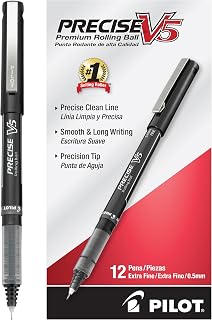 Pilot Precise V5 Extra Fine 0.5mm Rollerball Pens, Black Ink, 12-Pack - Smooth, Skip-Free Writing for School, Office & Journaling