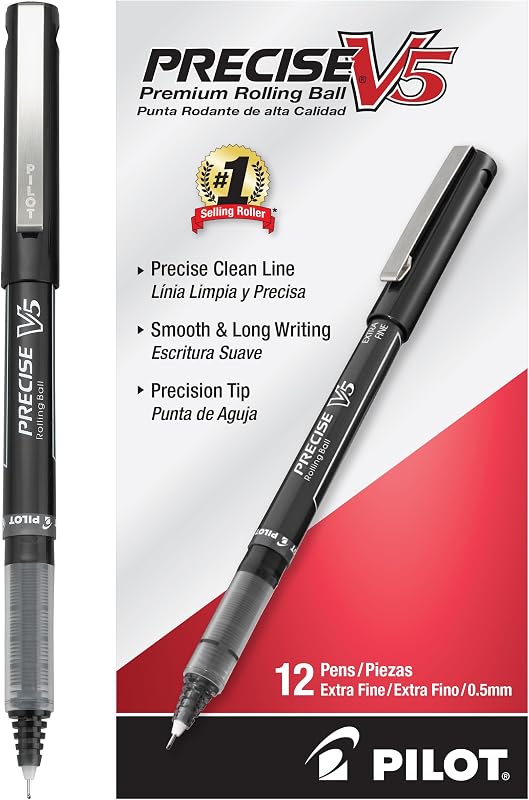 Precise V5, Extra Fine Point 0.5 mm Black Pens, Black, Pack of 12