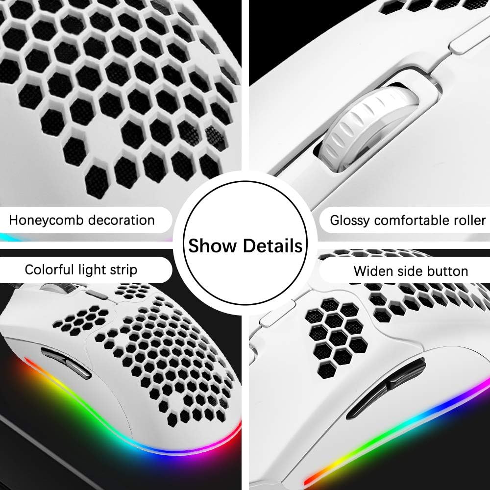 Lightweight Wired Gaming Mouse with 7 Button 26RGB Backlit Programmable Driver PAW3325 12000 DPI Optical Sensor Ultralight Ergonomic 65G Honeycomb Shell Ultraweave Cable for PC Xbox PS4 Gamer(White)