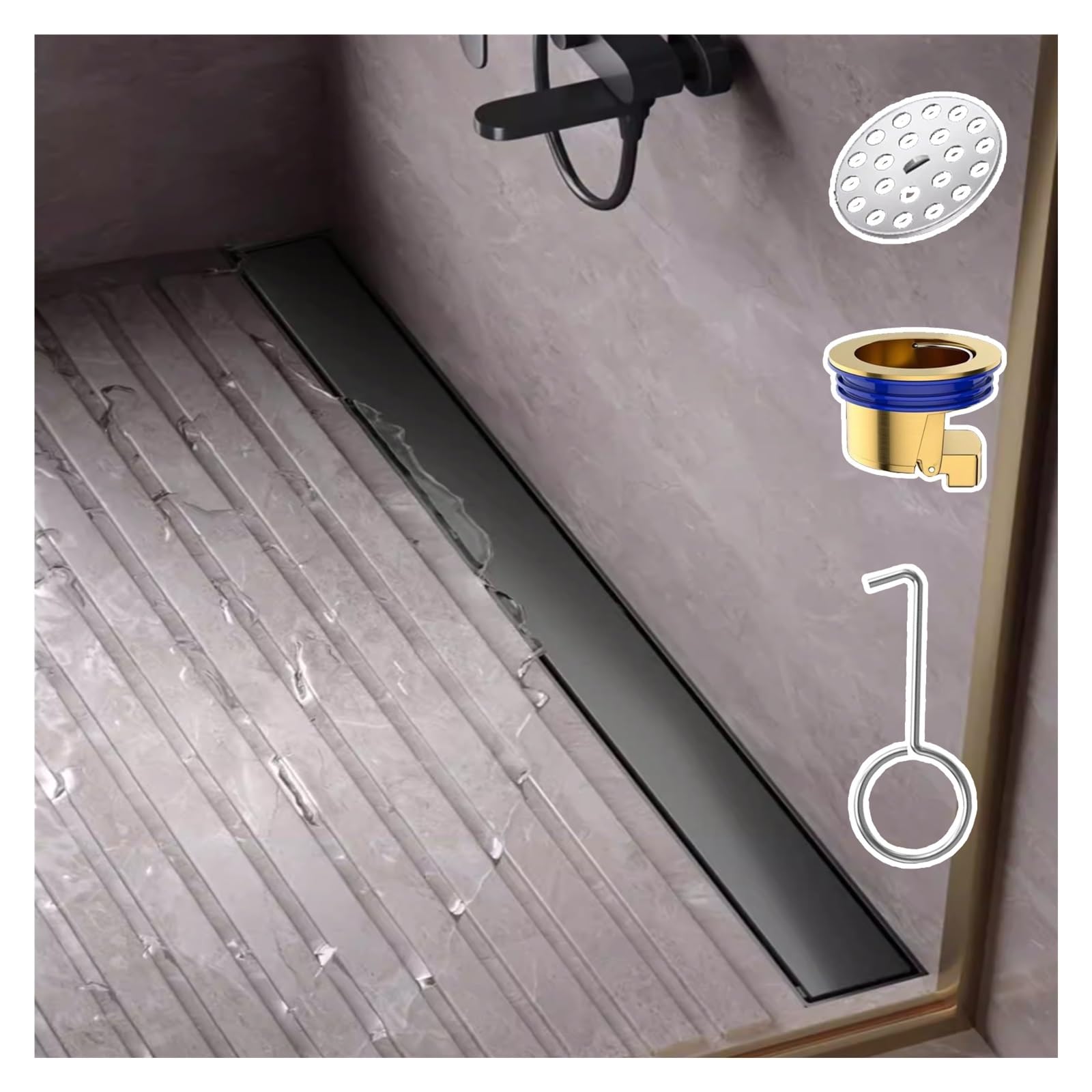 Siphon de douche linéaire invisible en acier inoxydable 304 avec filtre amovible
