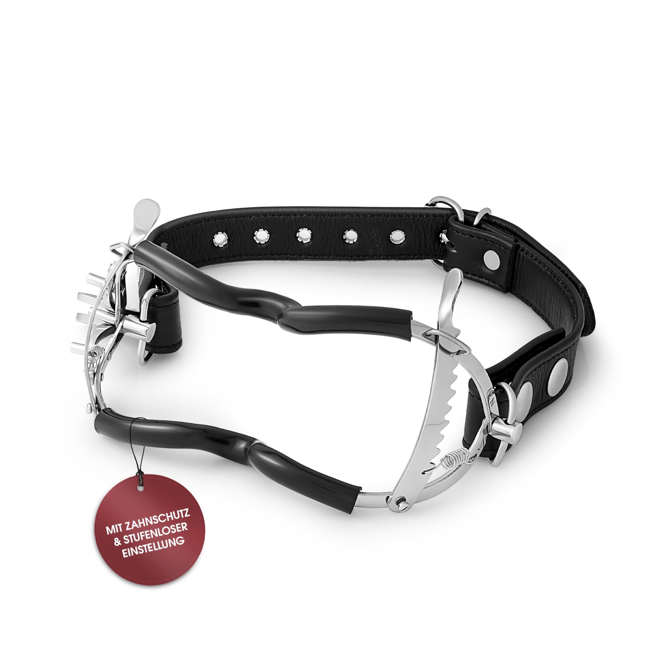 Mundspreizer für Sex aus Stahl mit Zahnschutz und verstellbarem Nackenriemen – stufenweise einstellbar per Ratschenmechanismus, max. 5 cm Öffnung, Bondage BDSM Zubehör für Paare (MS2)