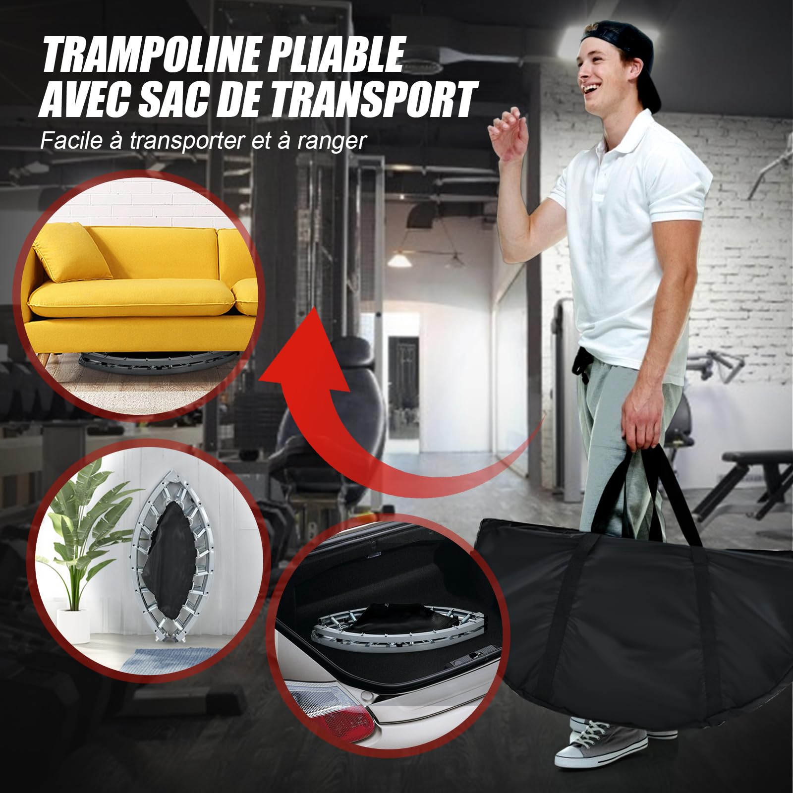 GYMAX Trampoline de Fitness Pliable avec Poignée Réglable à 4 Niveaux, Ressorts en Acier Renforcés, Couverture Rembourrée, Sac de Transport, Trampoline de Loisirs pour Adultes/Enfants (Rouge)