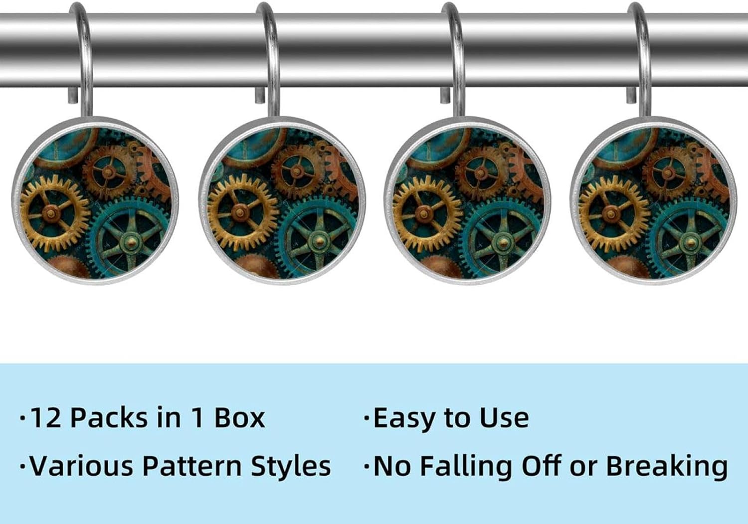 Steampunk Gears Background (10) Shower Curtain Hooks Rings, rustproof Stainless Steel for Bathroom Shower Rod, 12 Pack