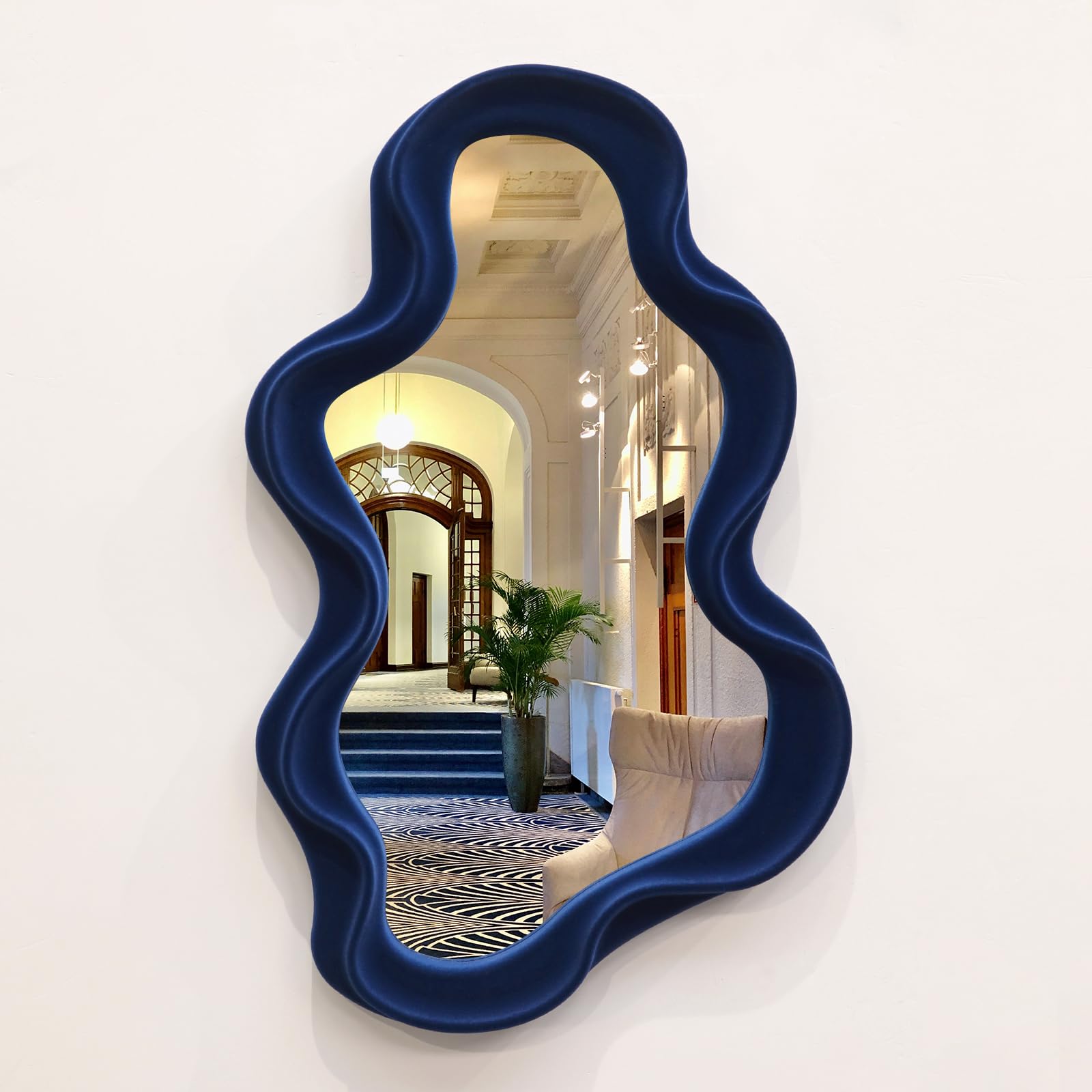 TEIPAI Irregular Wall Mirror Living Room Decor, Decorative Wavy Funky Mirrors with Flocking Touch, Modern Asymmetrical Mirror for Hallway Entryway Staircase Bathroom Bedroom (Dark Blue)