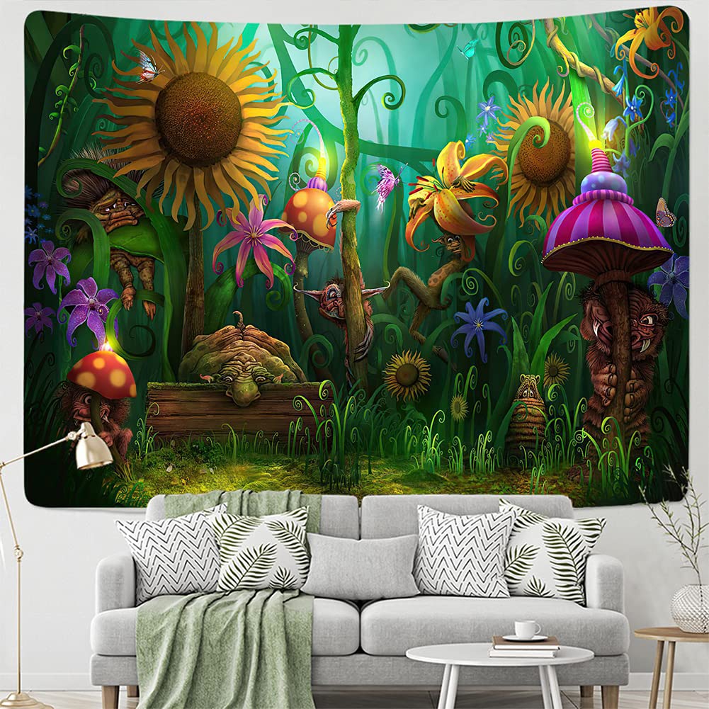 Wonderwall Fairy Tale Forest Wall Tapestry, Bright Green Plant Sunflower Animal Tapestry, Art Wall Hanging Home Decoration Tapestry for Bedroom Living Room, 78.7x59.1 inch