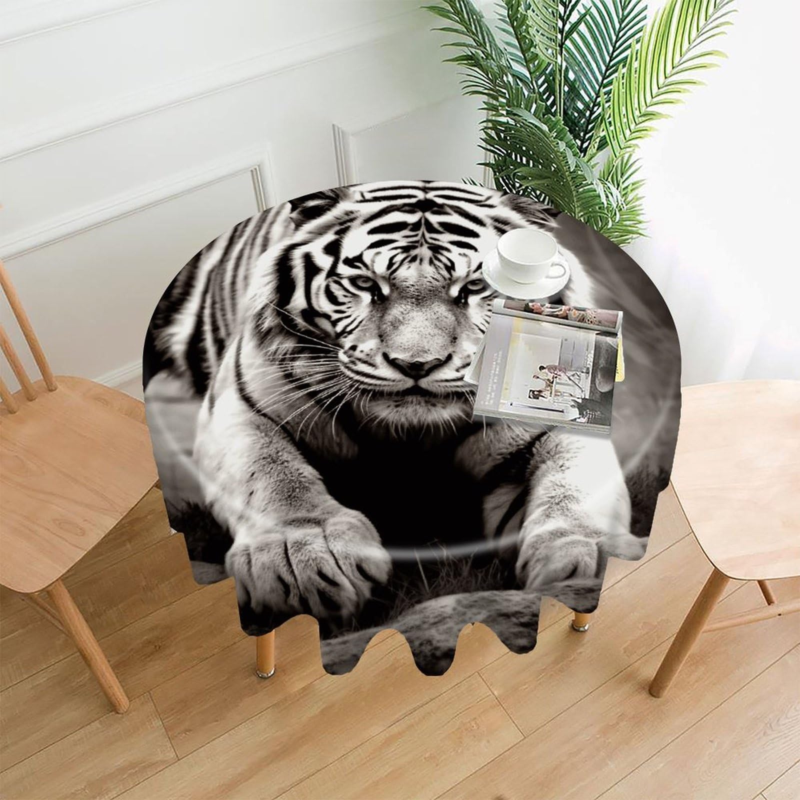FodPand Black and White Tiger Round Tablecloth - 60 Inch Premium Polyester Table Cloth, Fashion Wrinkle Resistant Decorative Table Cover for Dining Kitchen Party Buffet Tables