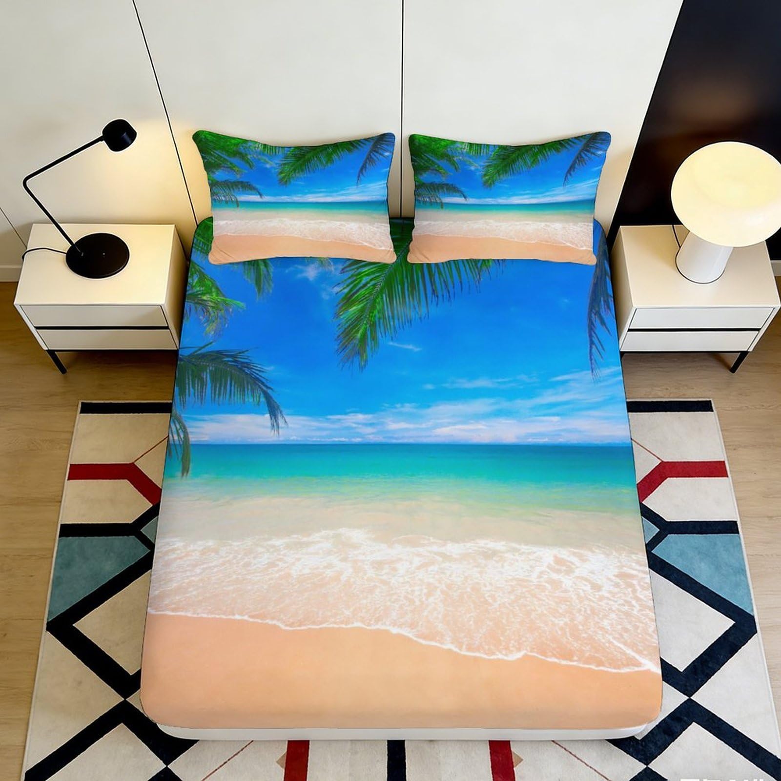 3D Printed Tropical Beach Fitted Sheet Microfiber Soft Palm Coast Mattress Cover for Bedroom Guest Room Decor 90x200x25cm