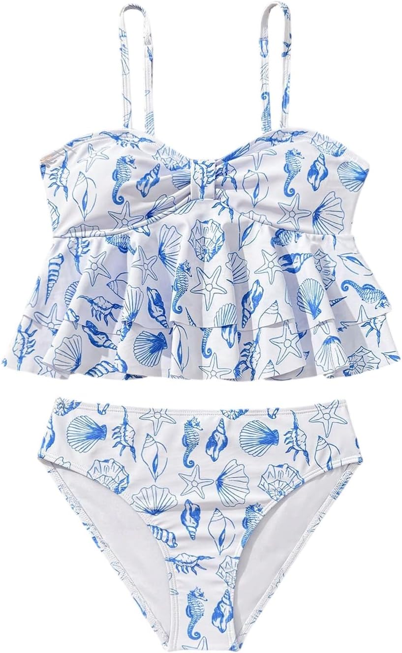 SHENHE Girl's Ruffle Tankini Swimsuits 2 Piece Spaghetti Strap Layered Eyelet Bathing Suits