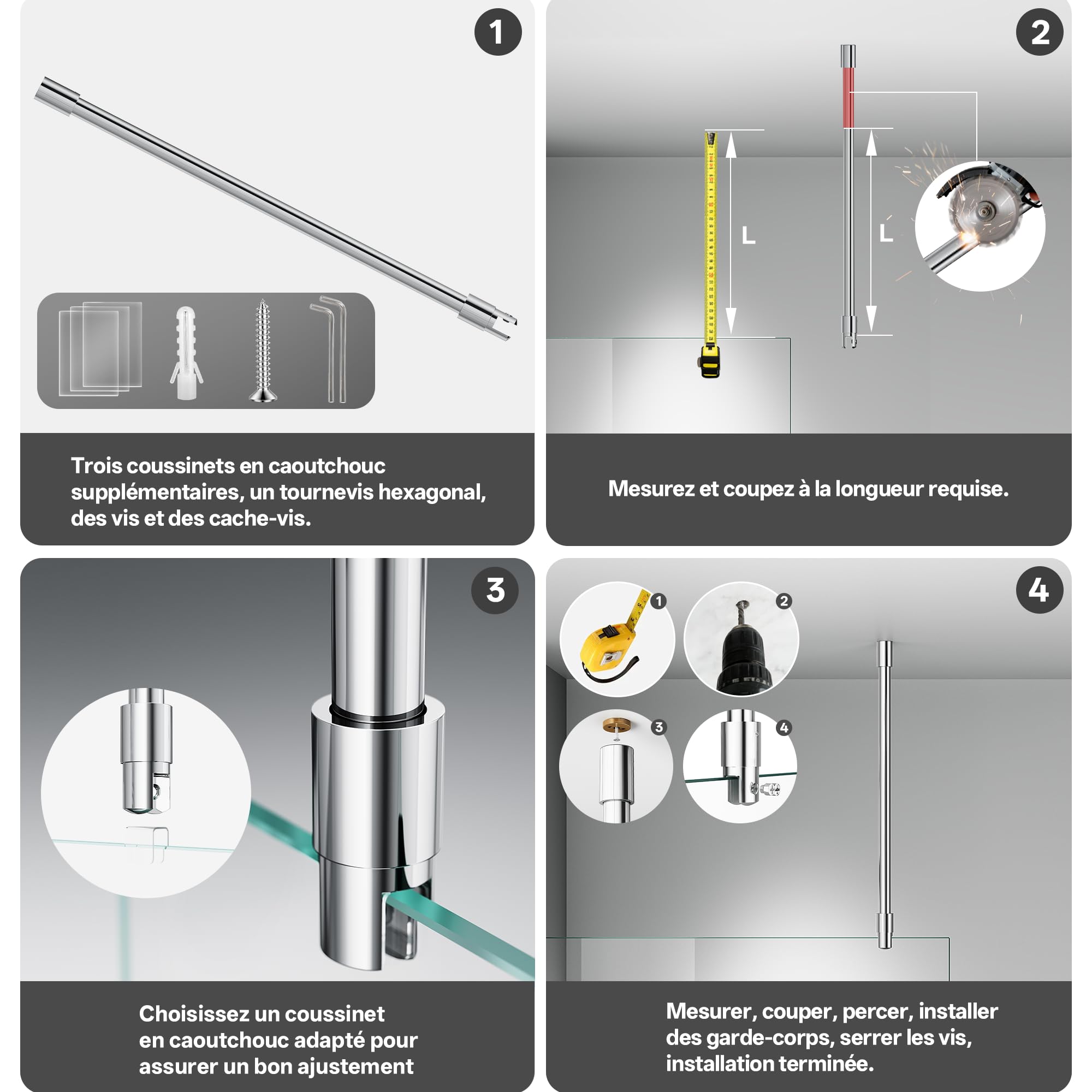 Barre de stabilisation paroi de douche, 564 mm,chromé | Fixation au plafond, Acier inoxydable 304, Pour verre de 6 à 10 mm