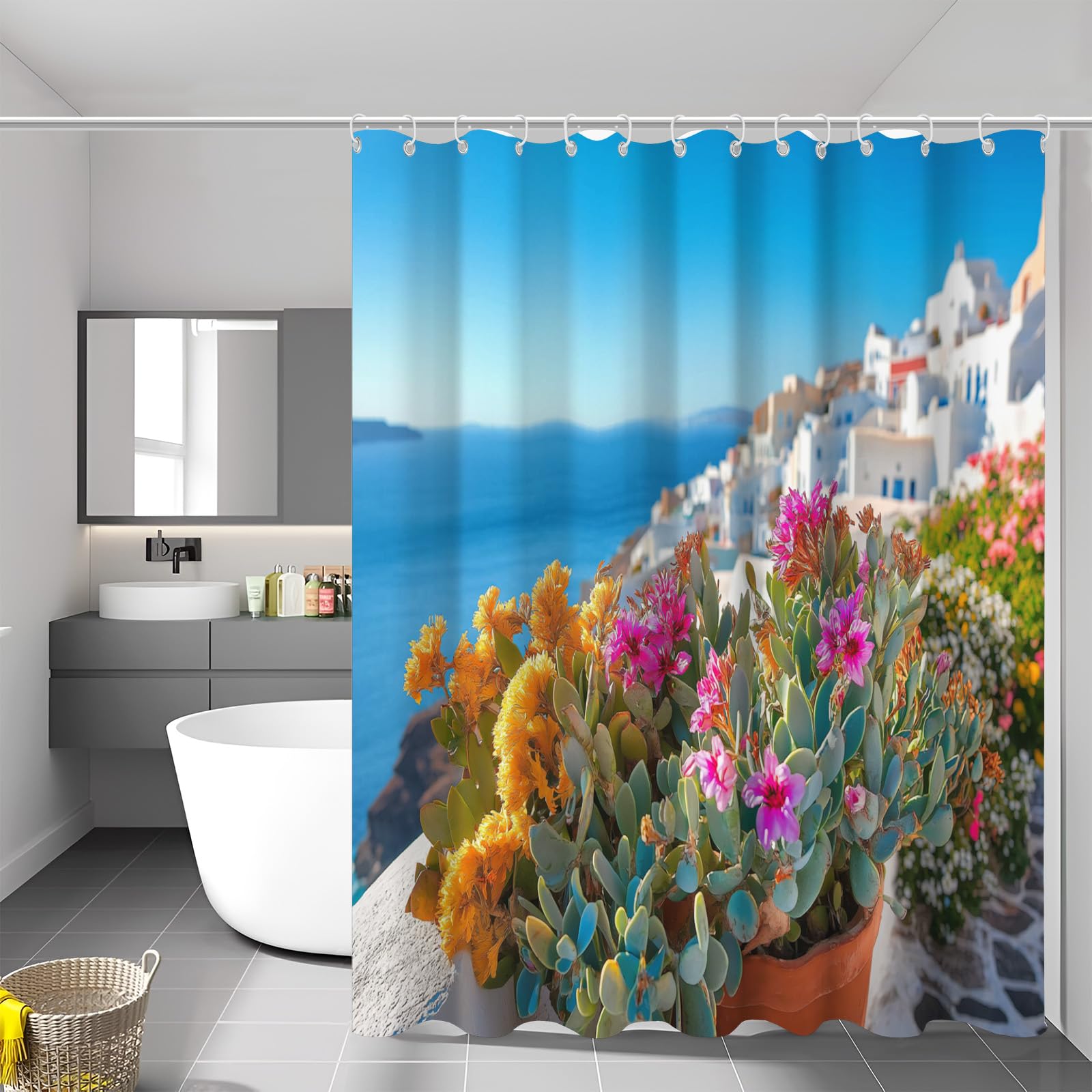 Weißes Gebäude Duschvorhang Anti-Schimmel,Wasserdichter Duschvorhang,Blumen Meer Badewanne Vorhang Schnell Trocknend für Badezimmer,H200 x B180 cm (1er Pack)