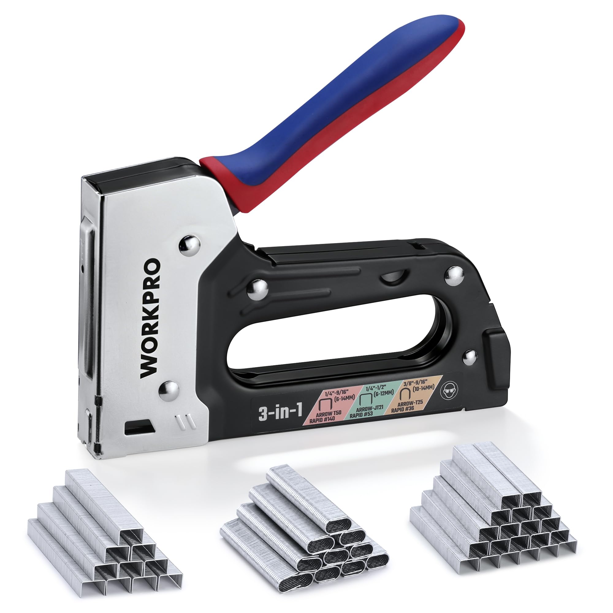 WORKPRO Agrafeuse 3 en 1 robuste, cloueuse manuelle, 3000 agrafes, métal