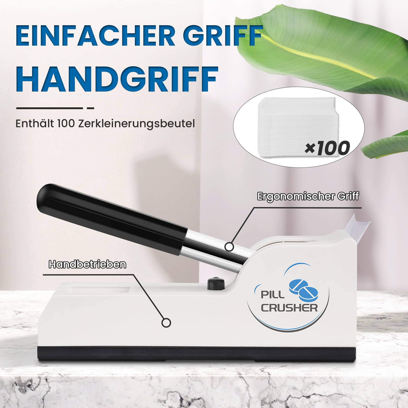 Tablettenmörser mit 100 Beutel, Feinpulver Tablettenzerkleinerer, Mörser Mit Stößel, Medizinische Tablettenpresse für Senioren, Kinder, Haustiere, Pill Crusher