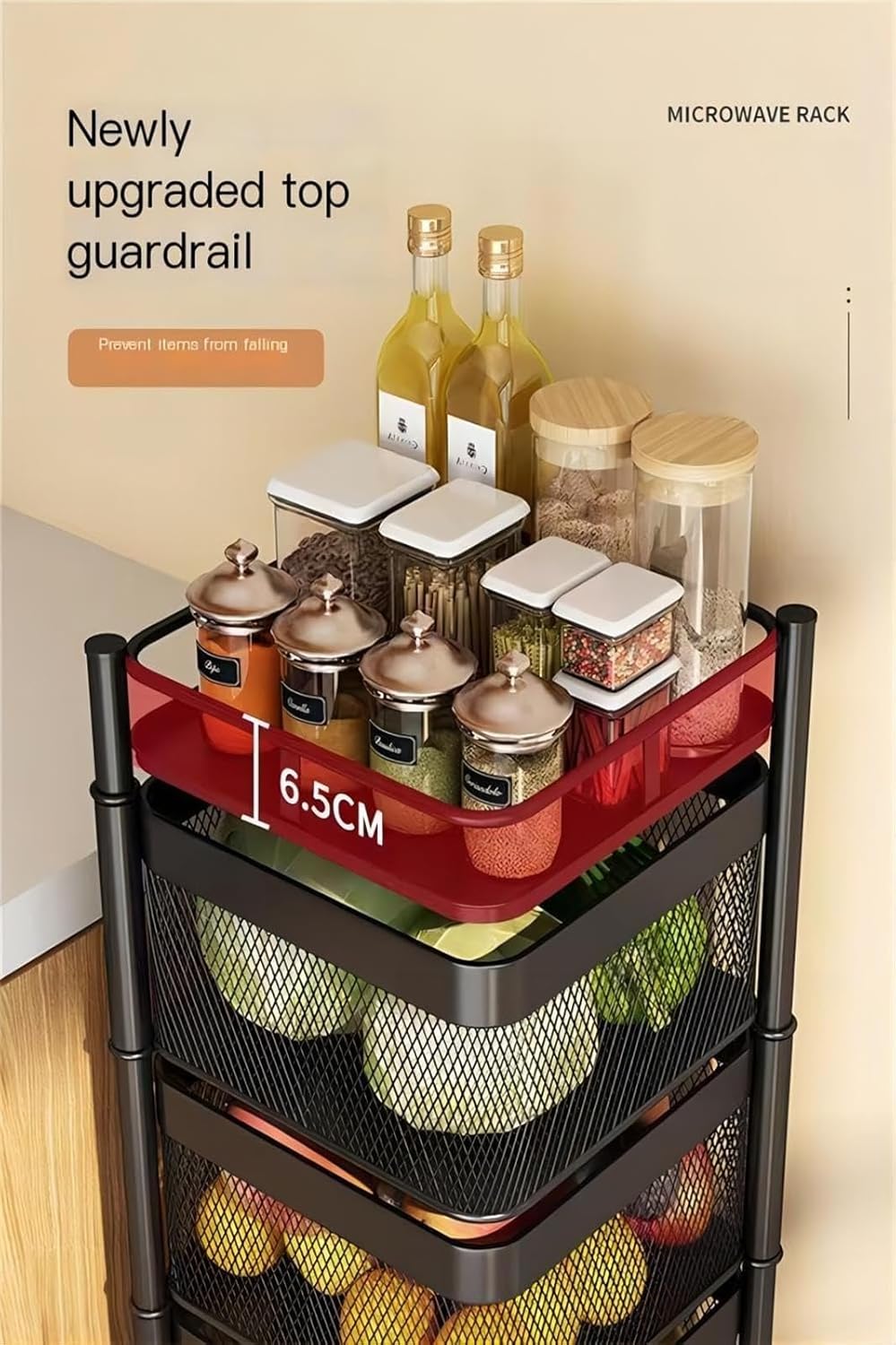 Rotating Kitchen Storage Rack with Wheels Multi Layer Stand for Fruits and Vegetables Versatile Pantry Organizer Space Saving Vertical Shelf for Home Use.