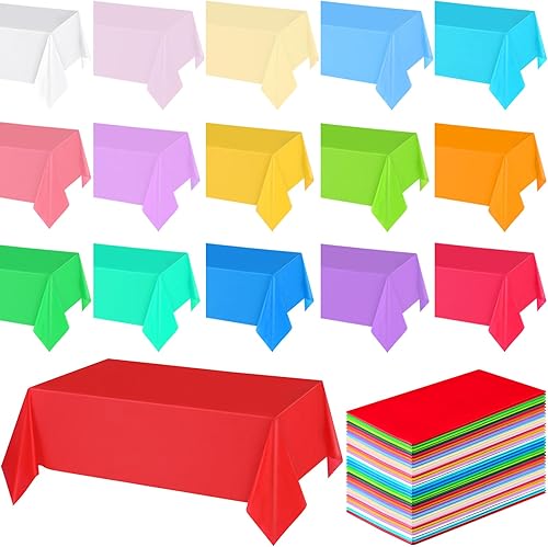 Newwiee 48 manteles de plástico desechables rectangulares de 54 x 72 pulgadas, color arcoíris, colores surtidos, resistentes, a prueba de fugas,
