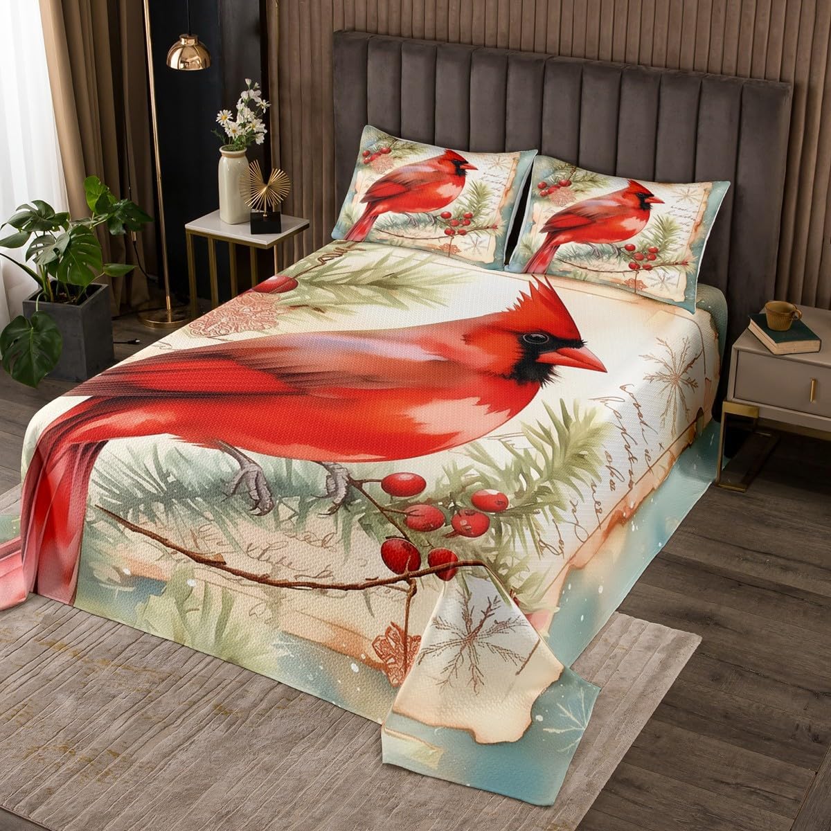 Watercolor Cardinal Coverlet Set Queen Size,Merry Christmas Theme