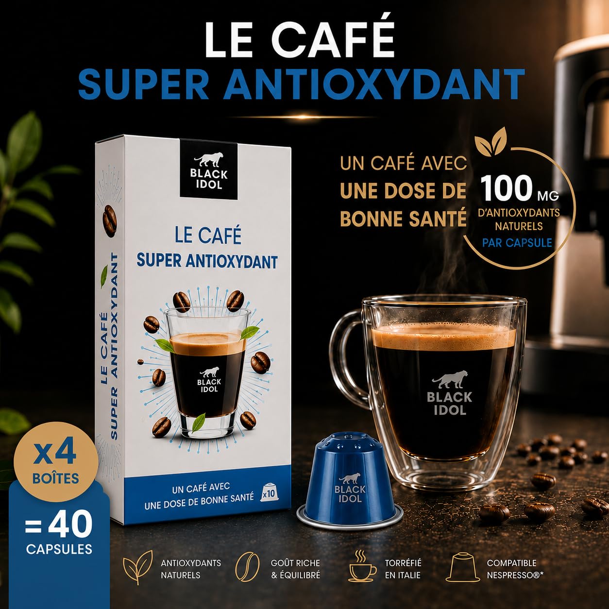 CAFÉ SUPER ANTIOXIDANTE – ANTIEDAD BLACK IDOL – 100 CÁPSULAS, compatible con NESPRESSO* ORIGINAL – Intensidad 10 – Café enriquecido con polifenoles antioxidantes naturales