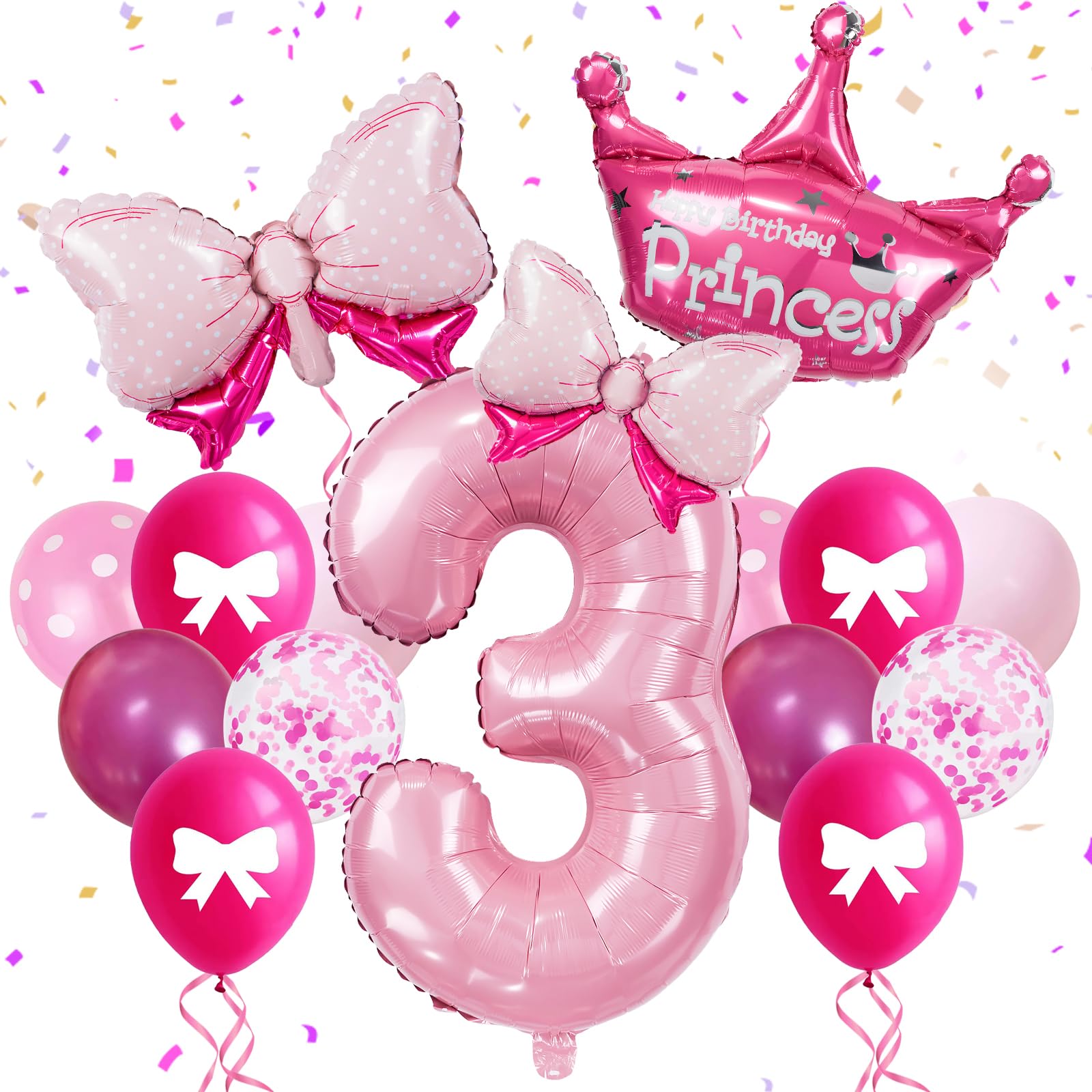 FJZEPIN 32-Inch Number 3 Balloon Set with Bows & Crown - Pink princess birthday party decorations for Girls, crown balloons, princess balloons,