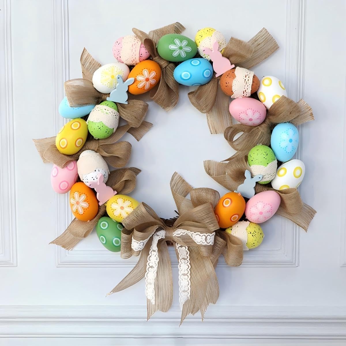 Ansuma 15 Inch Easter Eggs Wreath for Front Door, Artificial Pastel Eggs Wreath with Wood Rubbit Linen Bow Know Decoration for Spring Summer Indoor Outdoor Easter Home Decor