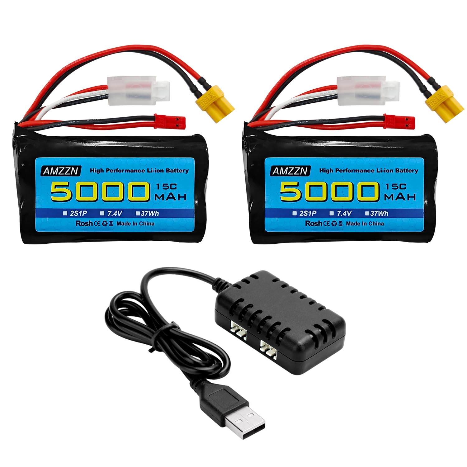 Amazon.com: AMZZN 2PCS 7.4V 5000mAh 2S Li-ion Battery with JST