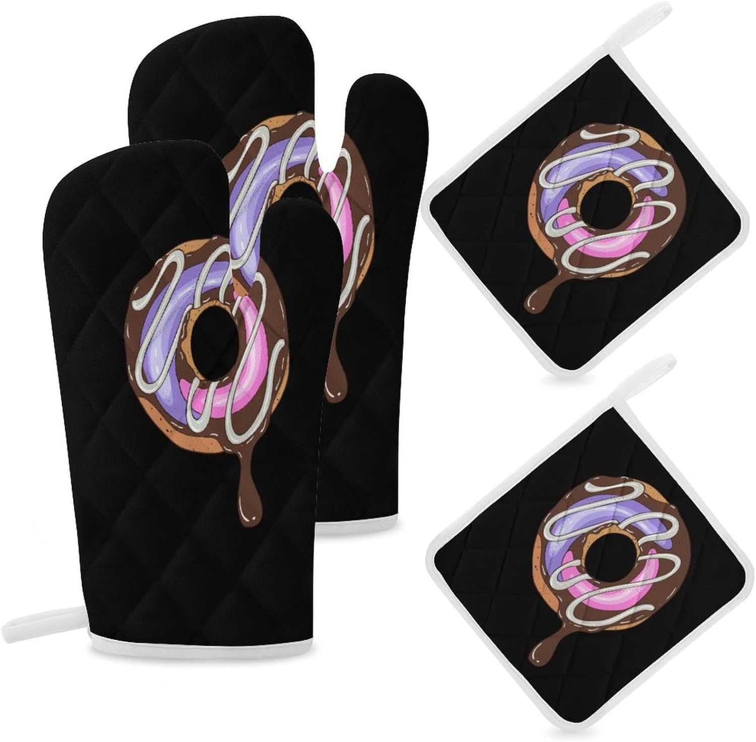Chocolate Doughnut Oven Mitts and Pot Holders 4Pcs Set Heat Resistant Cooking Mitts Hot Pads