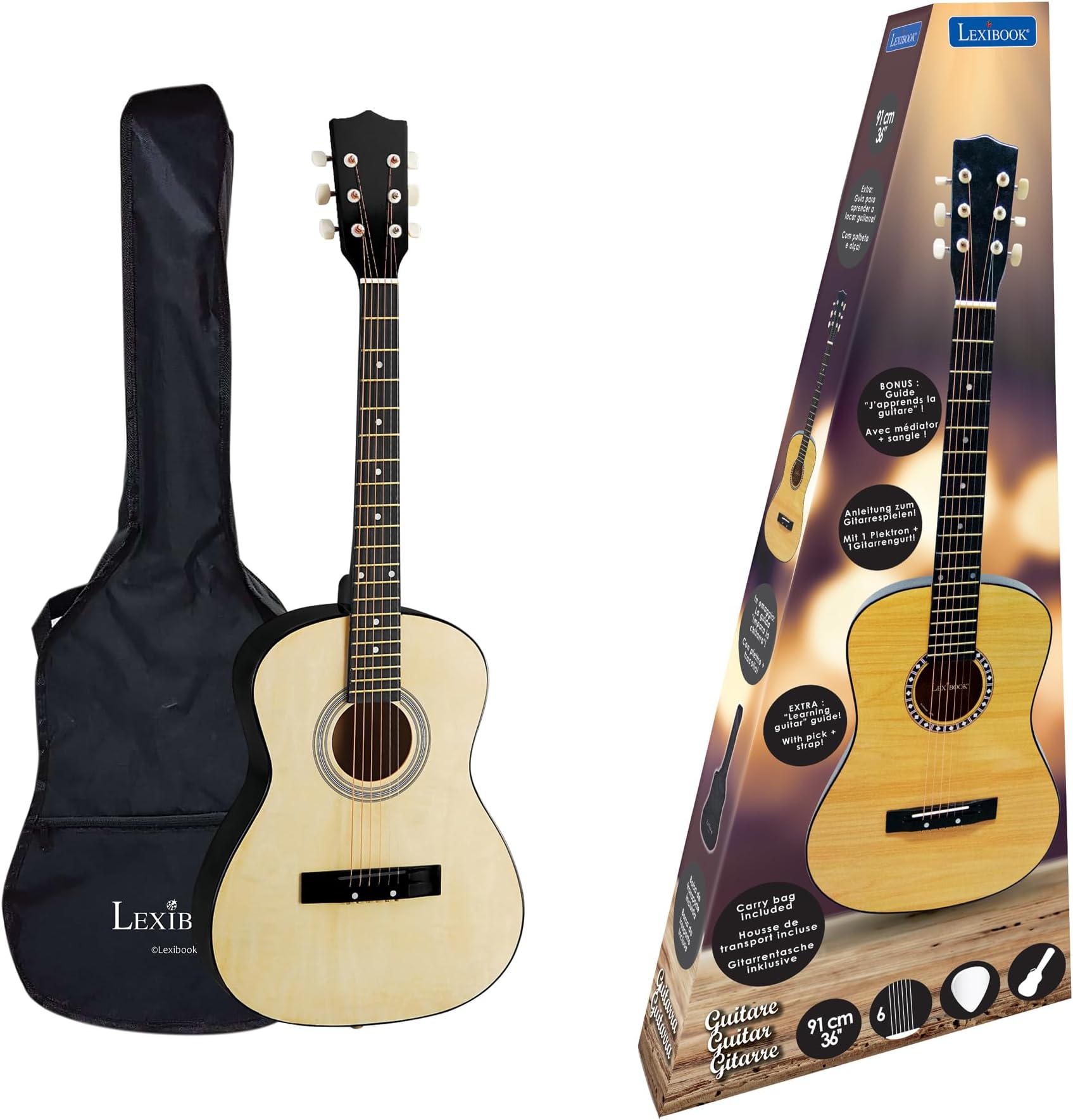 – Lexibook Wooden AcoUStic Guitar, 36'', Learning Guide Included, 6 Nylon Strings, Carry Bag Included, Wood/Black, K2200
