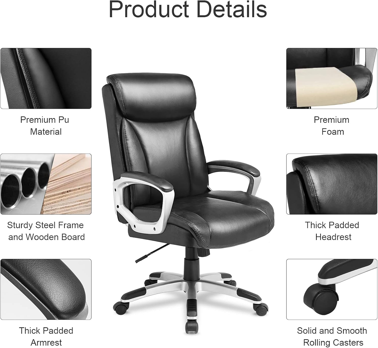 COMHOMA Office Computer Desk Chair Executive High Back Chair Comfortable Ergonomic Managerial Chair Adjustable PU Leather Home Office Desk Chair Swivel Black