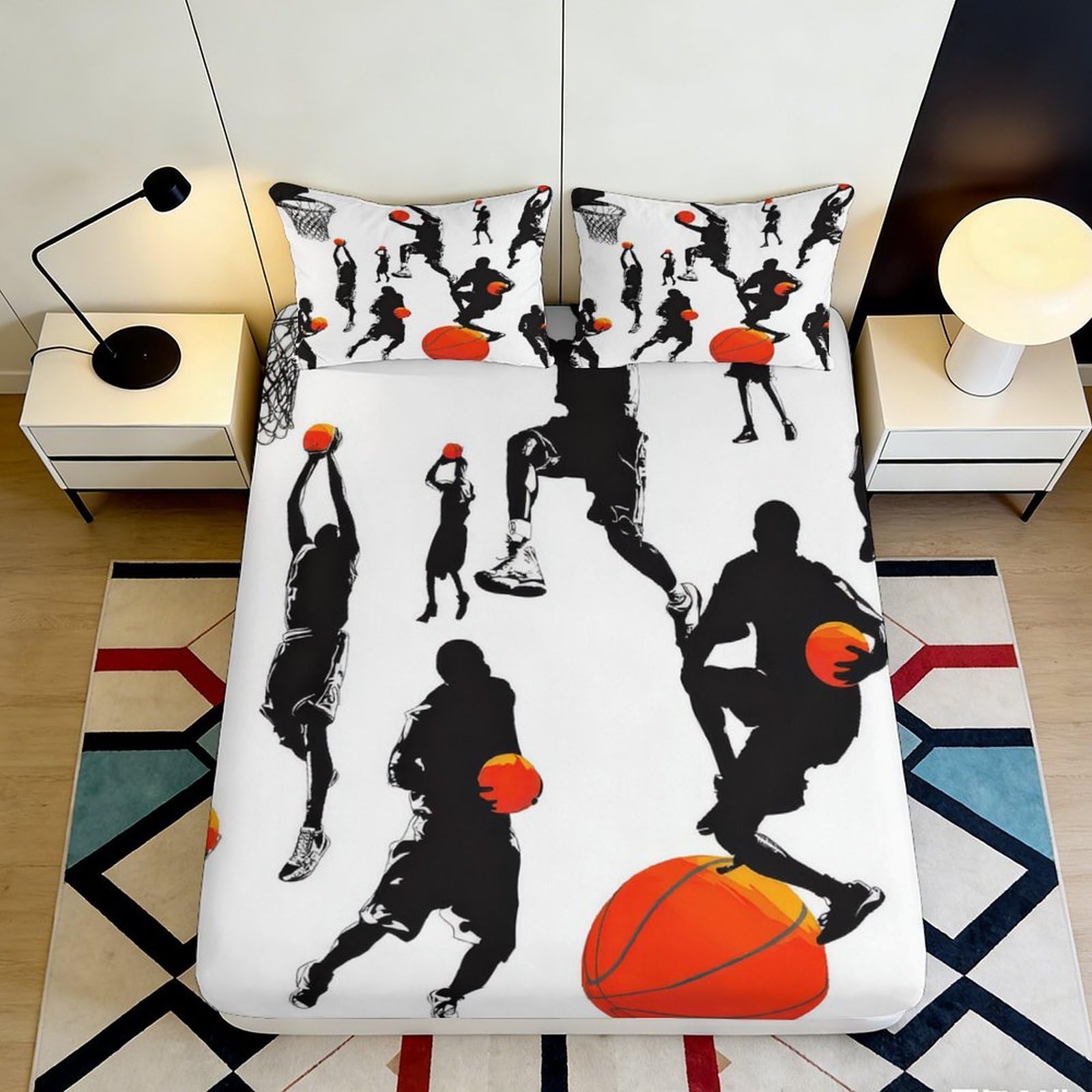 3D Printed Basketball Silhouette Fitted Sheet Microfiber Soft Breathable Sports Pattern Bed Cover for Bedroom Dorm Dormitory Guest Room Mattress Protection 120x200x25cm