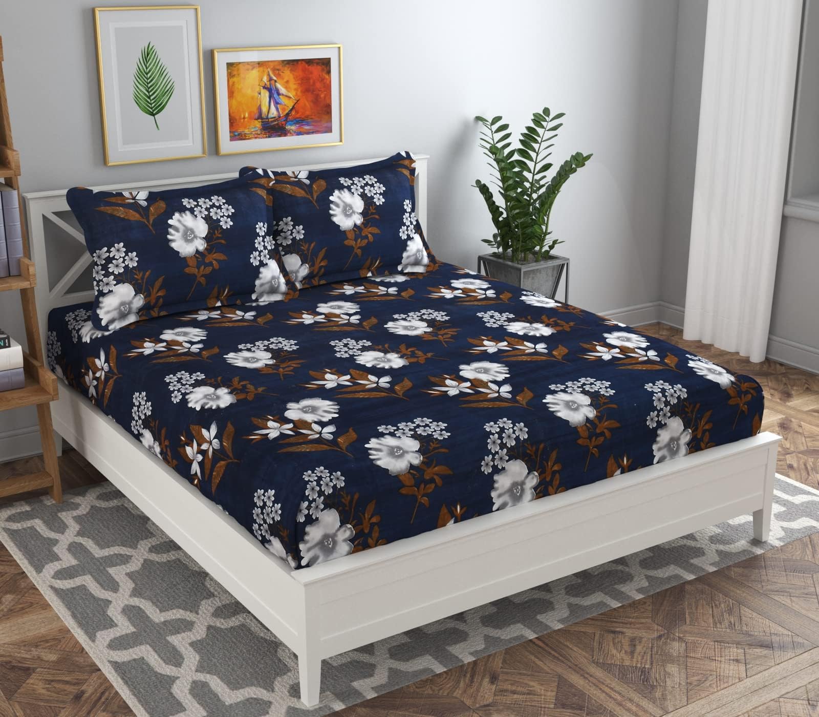 BSB HOME Double Floral Bedsheet with 2 Pillow Covers | 144 TC Soft Brushed Microfiber - Breathable & Wrinkle Free - 3 Pcs Set Multicolour, Blue White & Coffee