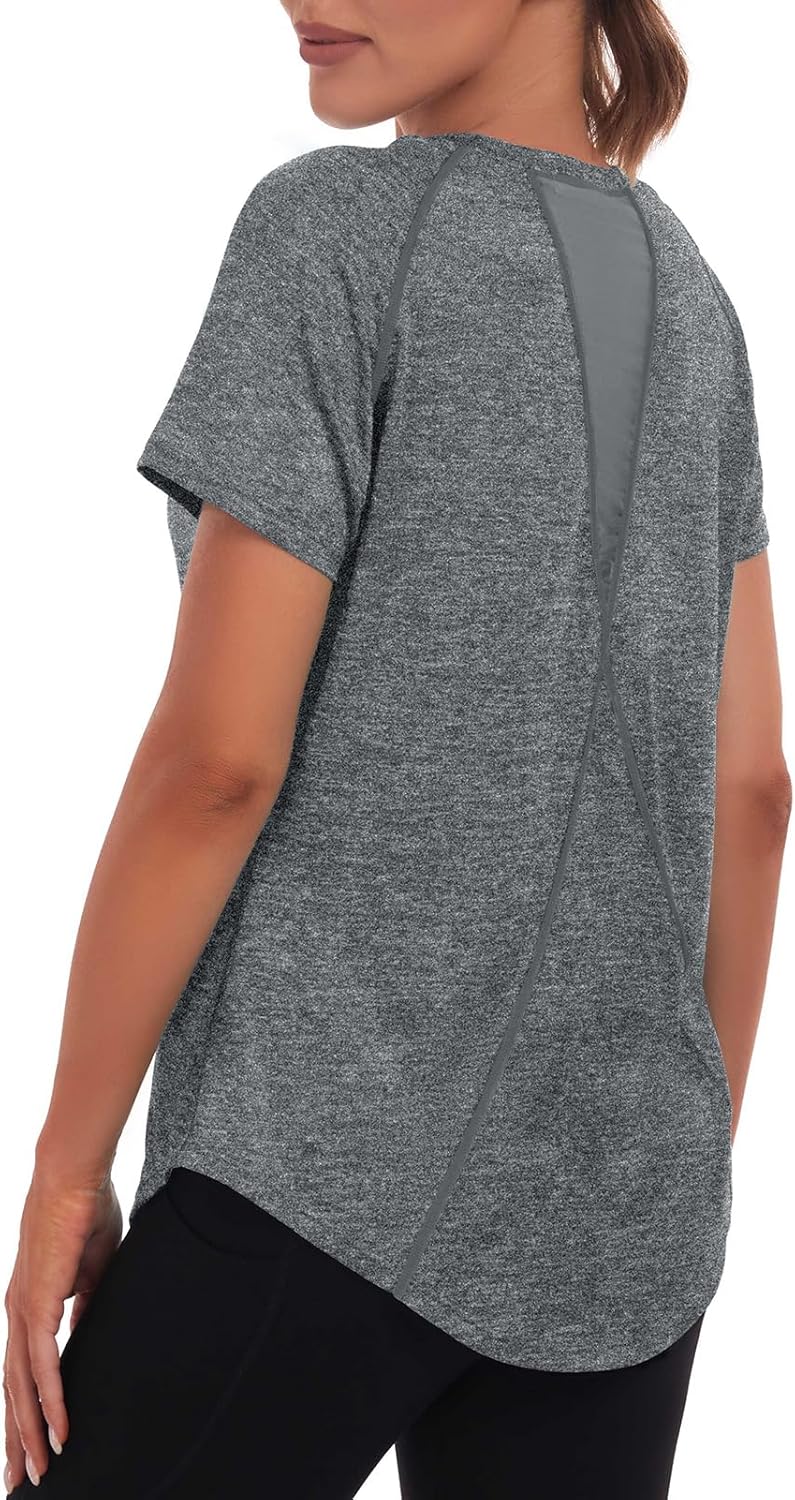 Women's Long Workout Tops,Short Sleeve Dry-Fit Mesh Open Back Loose Fit Gym Athletic Running Shirts Exercise Tee - Image 4